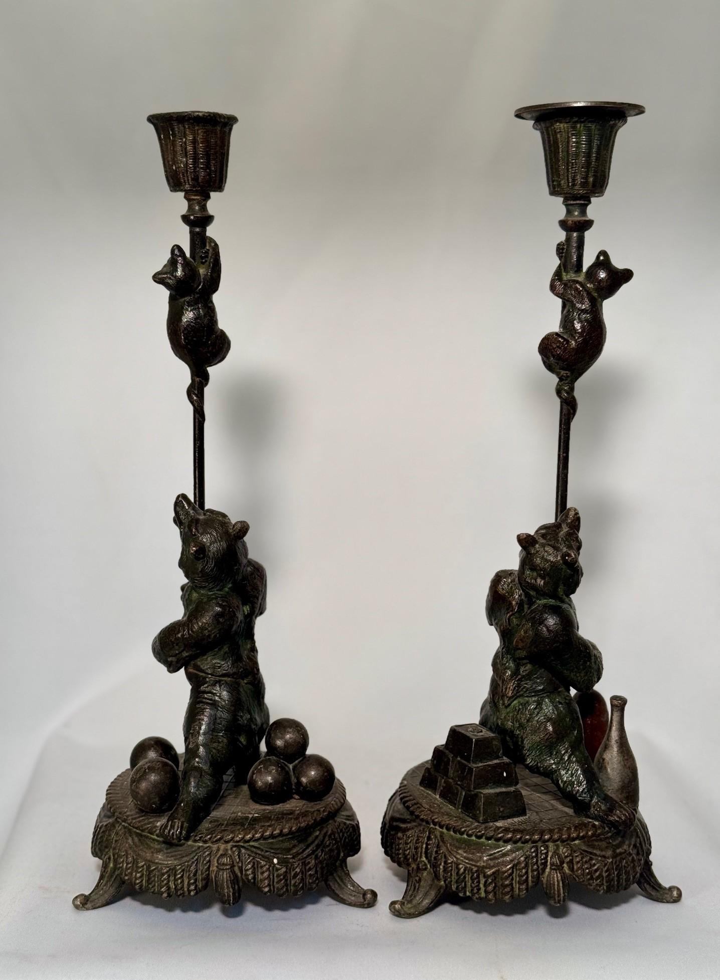 Black Forest Pair Antique Candlesticks modelled as Performing Bears For Sale