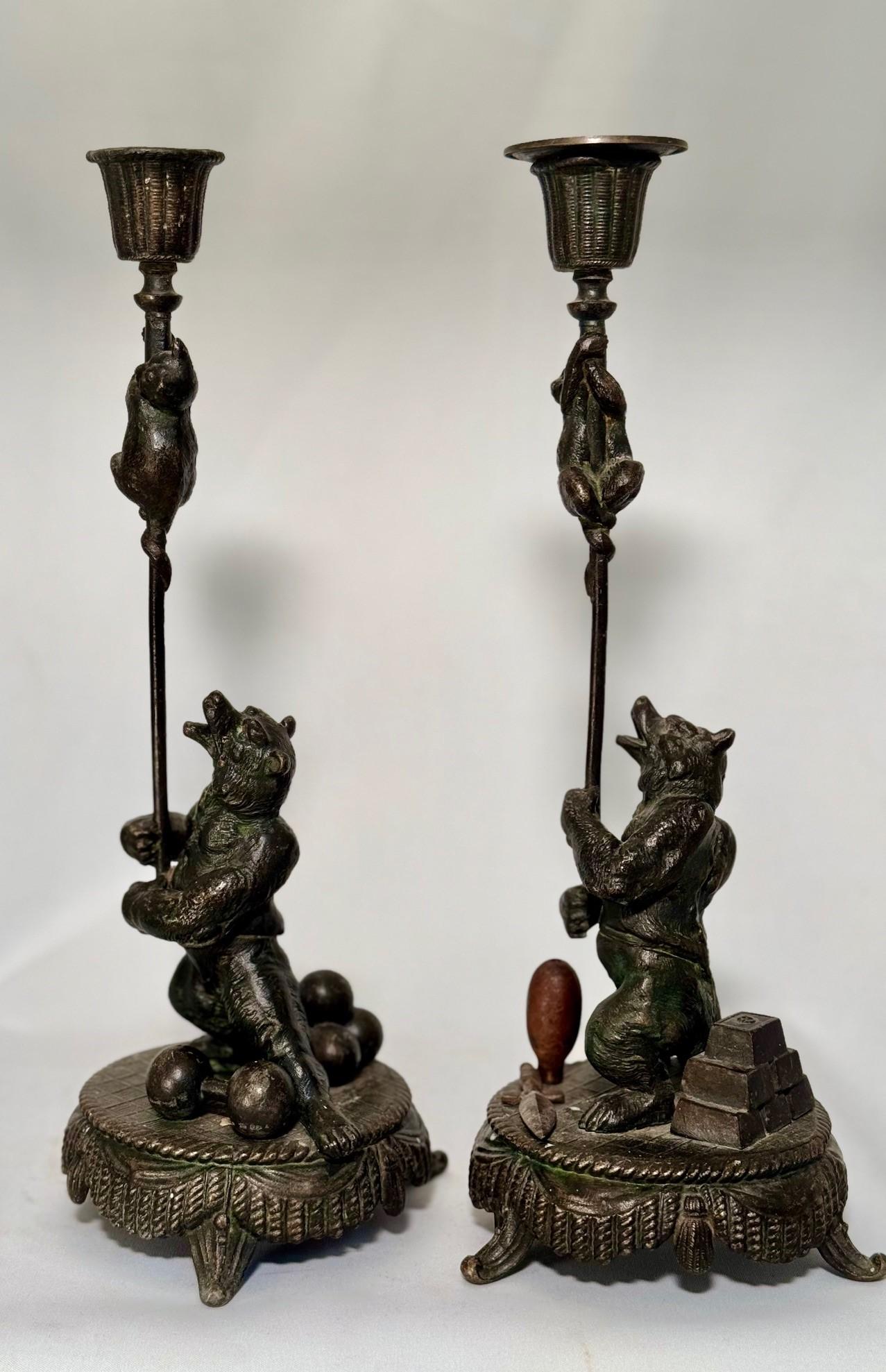 Austrian Pair Antique Candlesticks modelled as Performing Bears For Sale