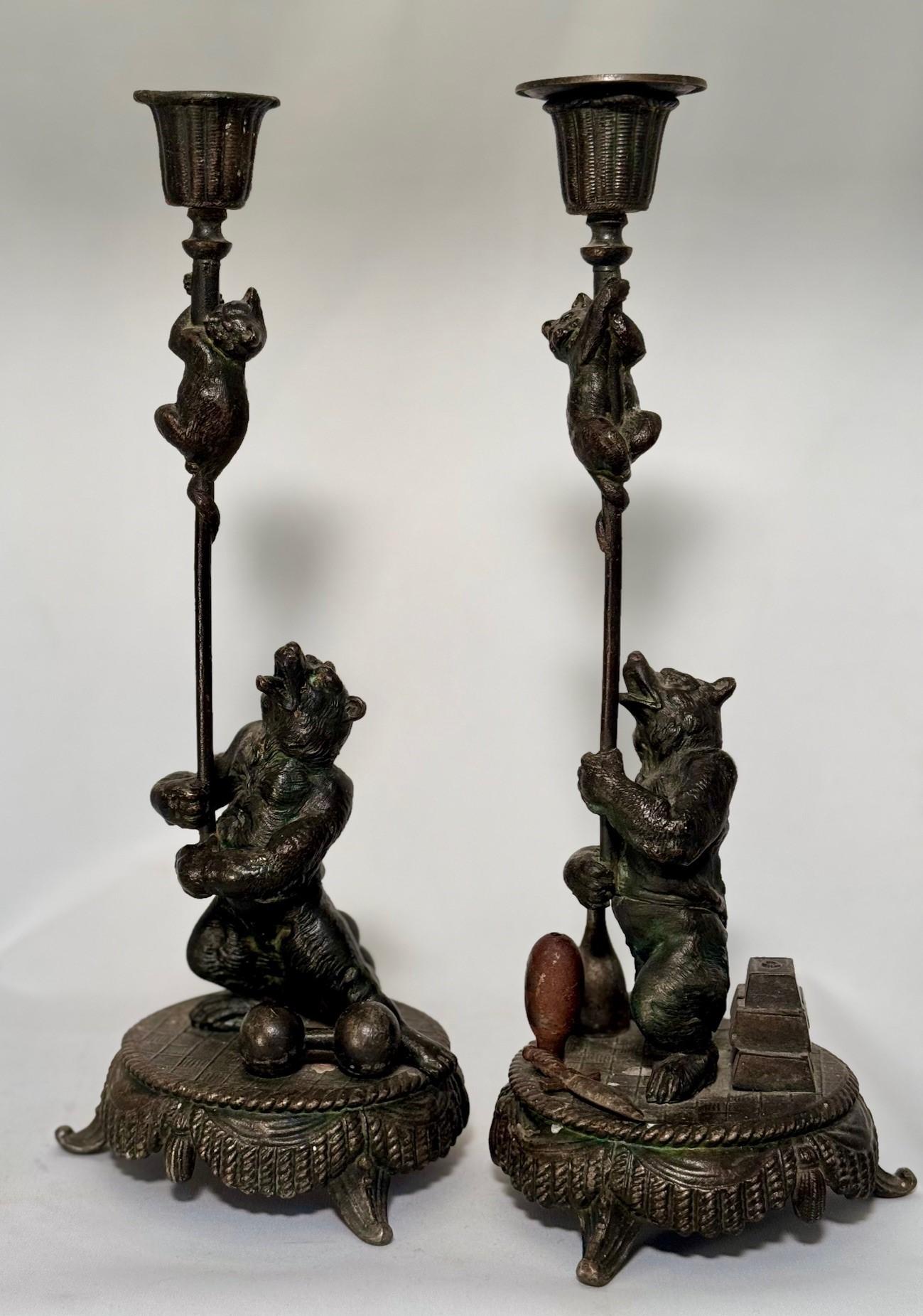 Cast Pair Antique Candlesticks modelled as Performing Bears For Sale