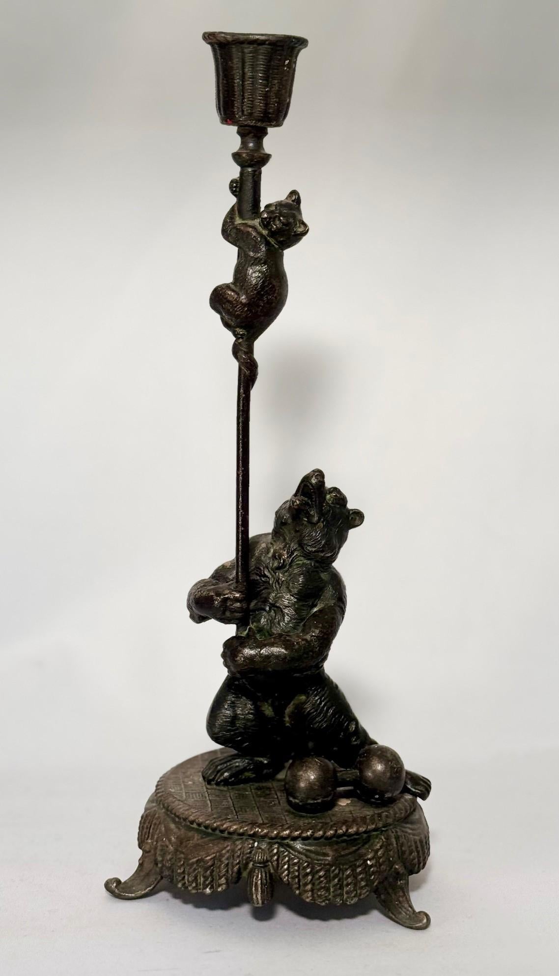 Pair Antique Candlesticks modelled as Performing Bears In Good Condition For Sale In Montreal, QC
