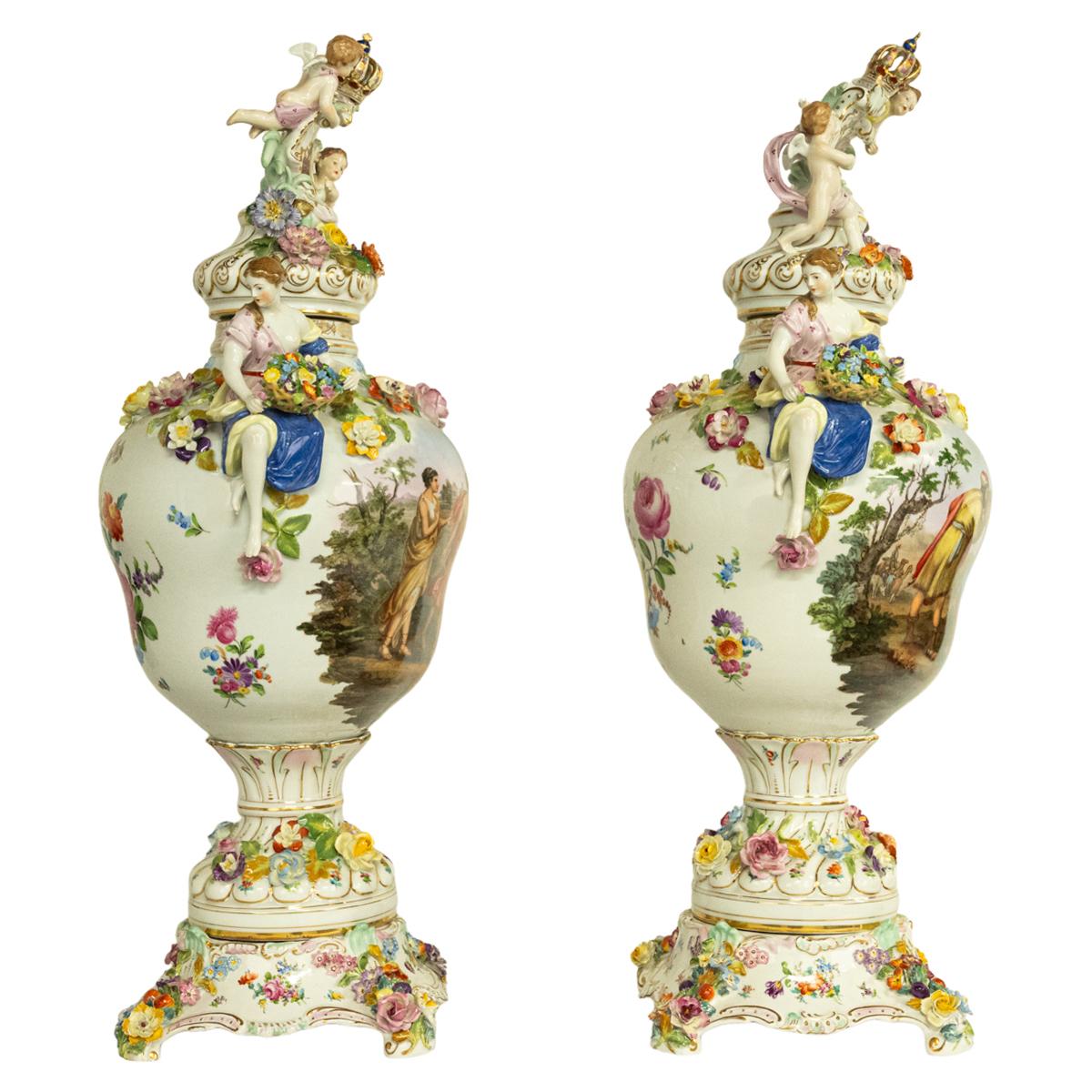 Porcelain Pair Antique Carl Thieme Potschappel Dresden Lidded Vases Pedestals Sevres 1880  For Sale