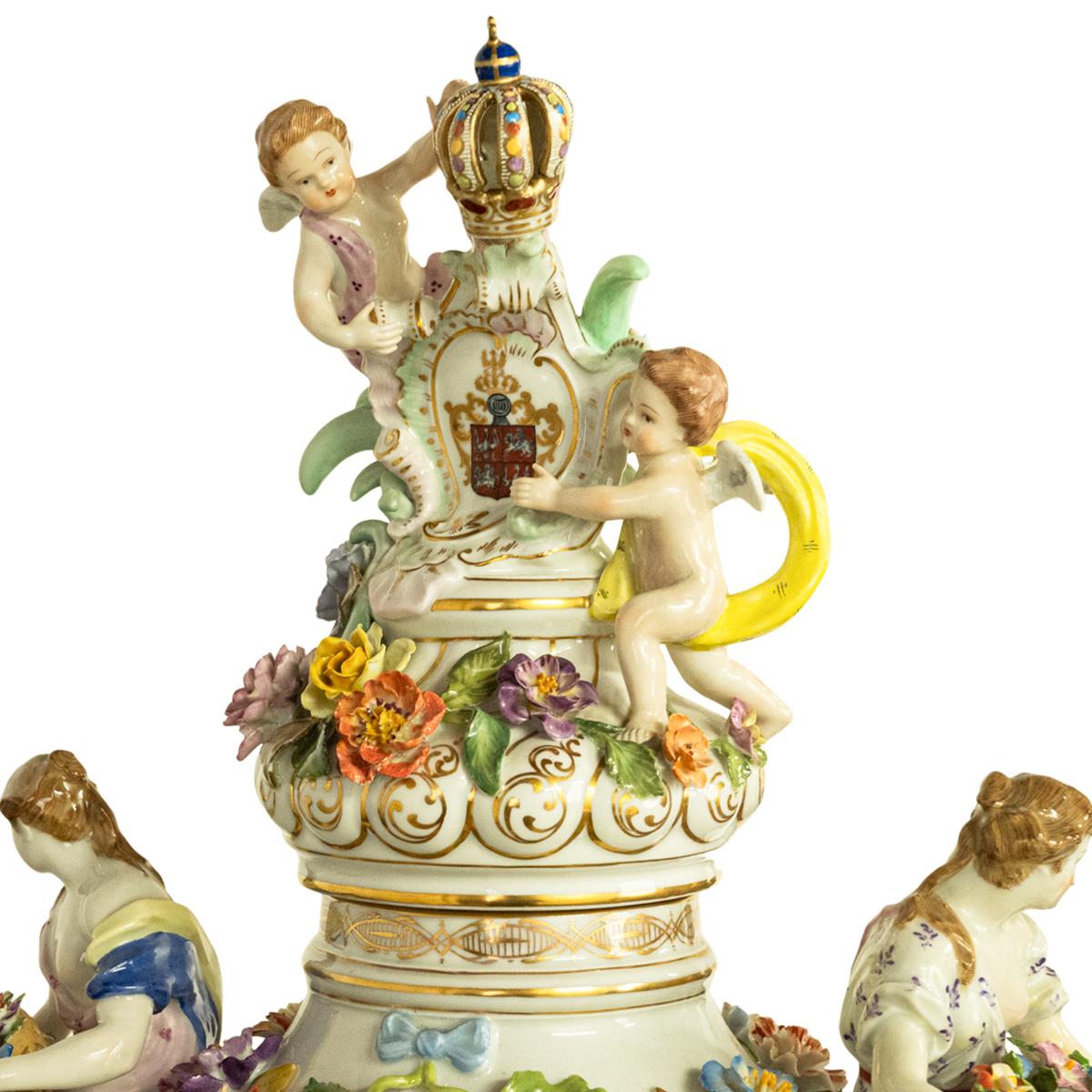 Porcelain Pair Antique Carl Thieme Potschappel Dresden Lidded Vases Pedestals Sevres 1880  For Sale