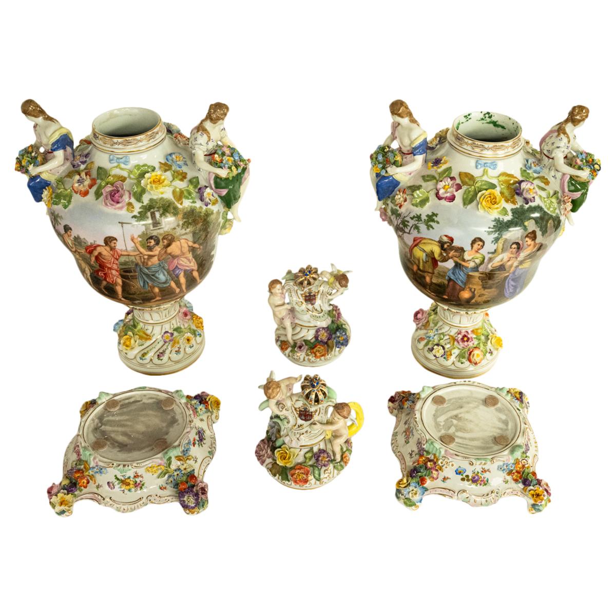 Pair Antique Carl Thieme Potschappel Dresden Lidded Vases Pedestals Sevres 1880  For Sale 5