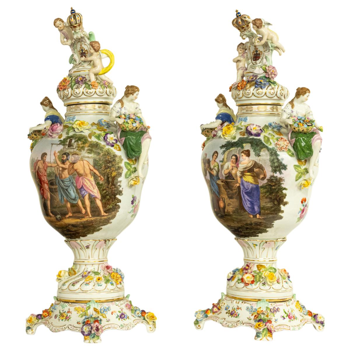 Rococo Revival Pair Antique Carl Thieme Potschappel Dresden Lidded Vases Pedestals Sevres 1880  For Sale