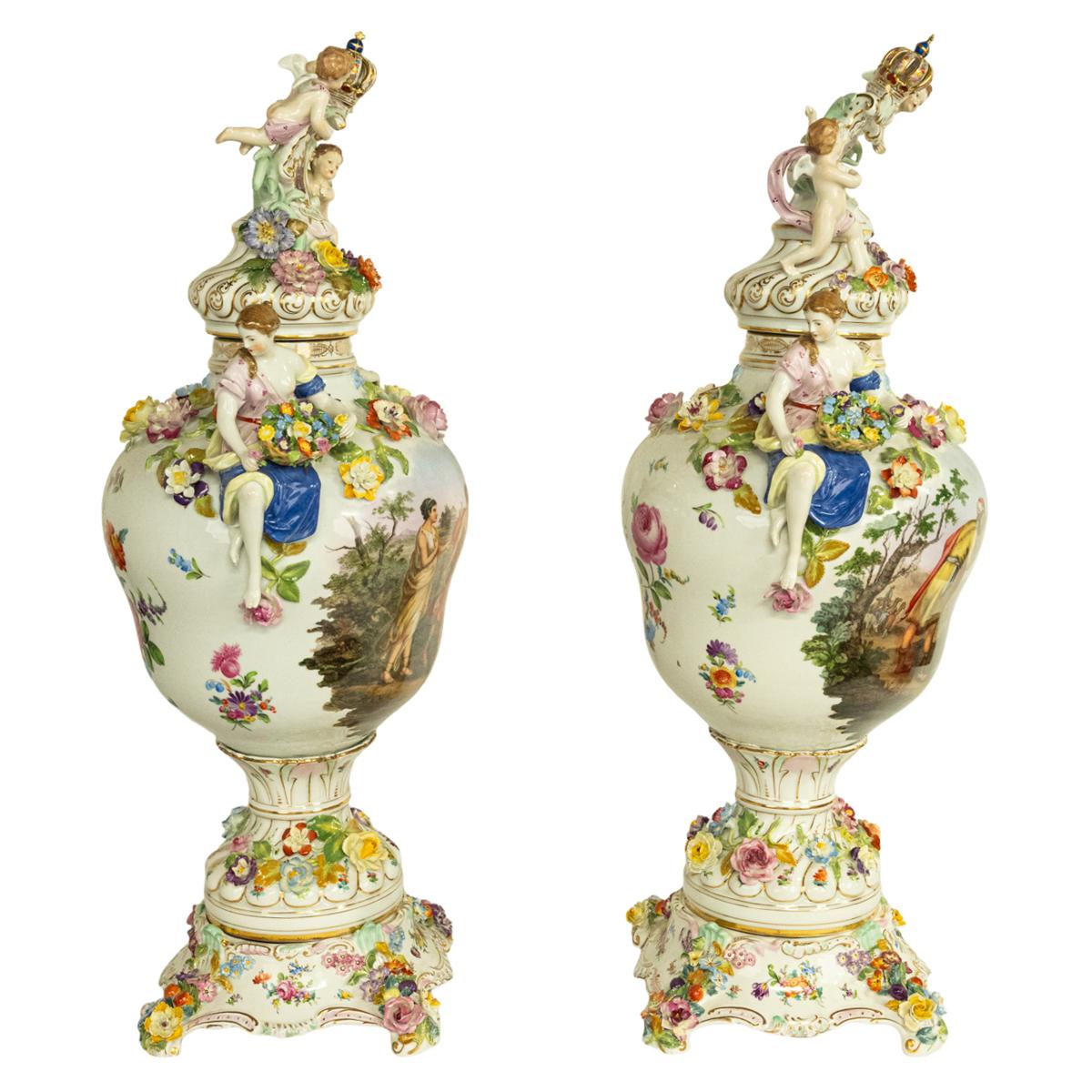 Pair Antique Carl Thieme Potschappel Dresden Lidded Vases Pedestals Sevres 1880  In Good Condition For Sale In Portland, OR