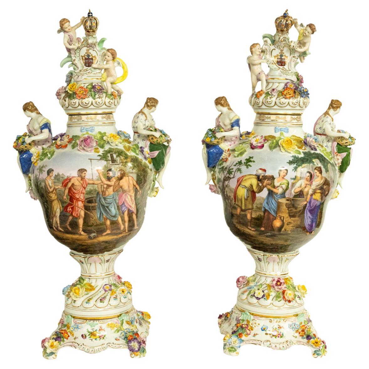 Pair Antique Carl Thieme Potschappel Dresden Lidded Vases Pedestals Sevres 1880  For Sale