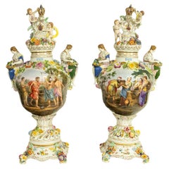 Paar antike Carl Thieme Potschappel Dresdener Vasen mit Deckeln und Sockeln Sevres 1880 