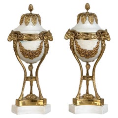 Pair Antique Carrara Marble and Bronze D'Or Cassolettes ~ Mantel Urns