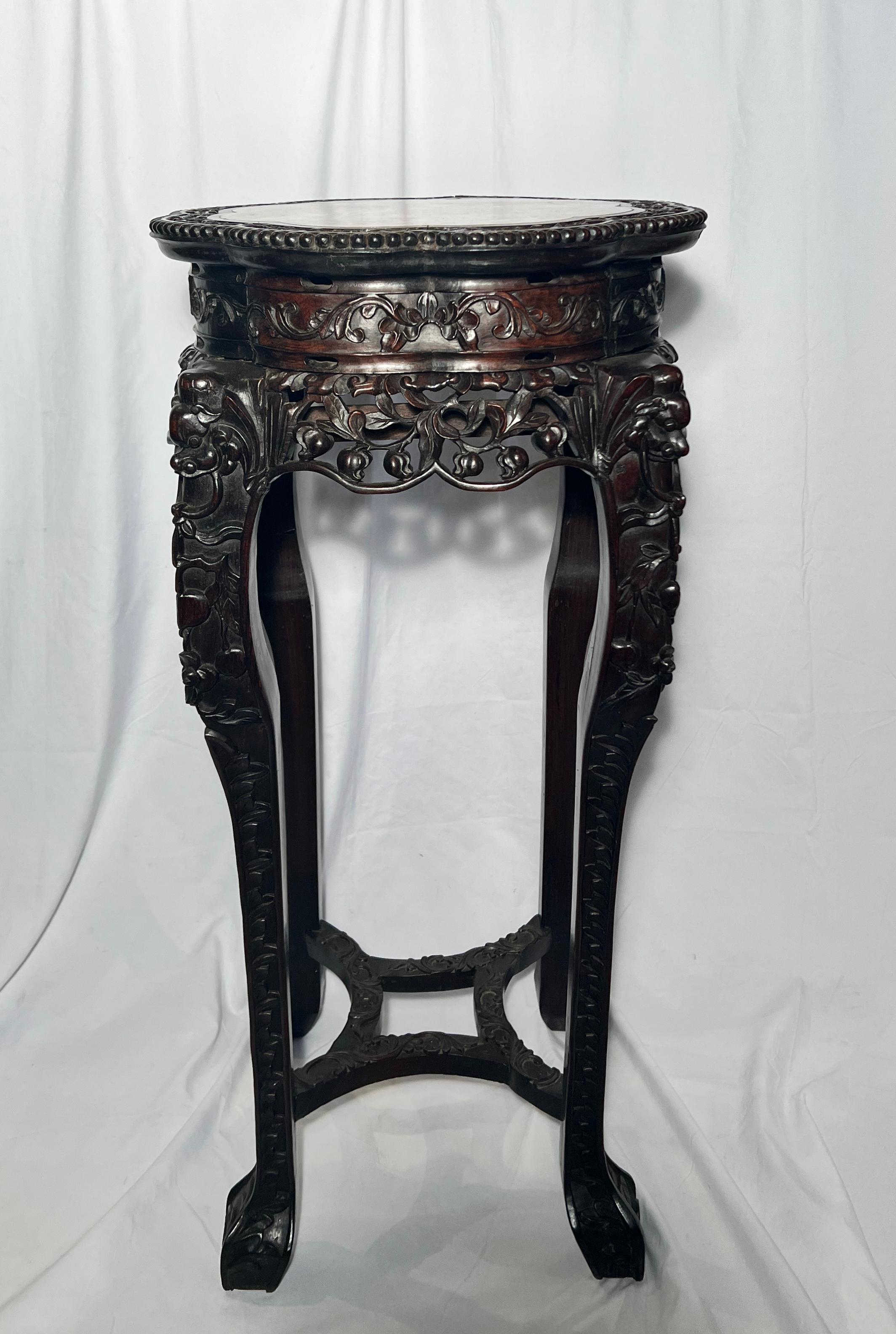 Pair Antique Carved Chinese Teak Wood Stands with Marble Tops.