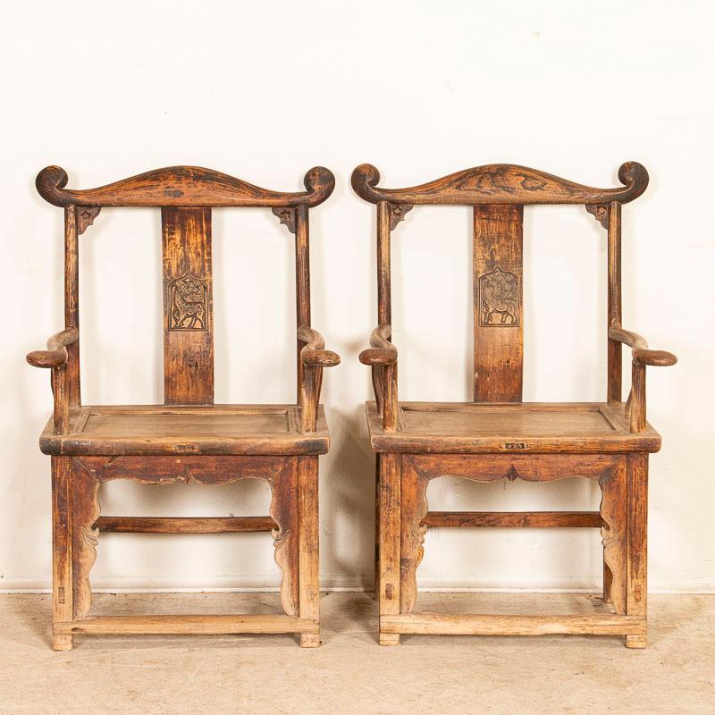 Chinese Pair, Antique Carved Elmwood Arm Chairs from China For Sale