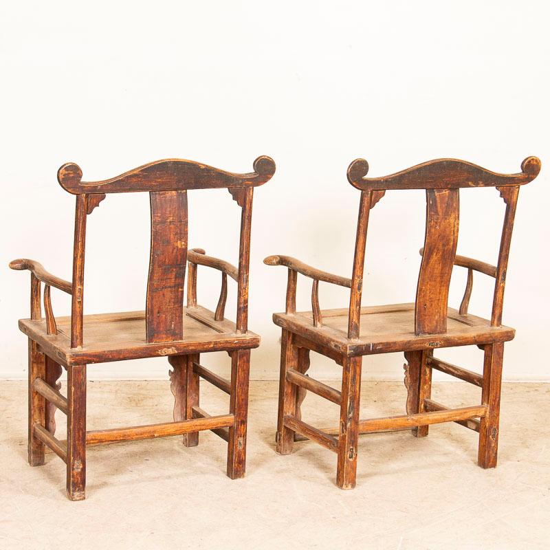 Pair, Antique Carved Elmwood Arm Chairs from China In Good Condition For Sale In Round Top, TX