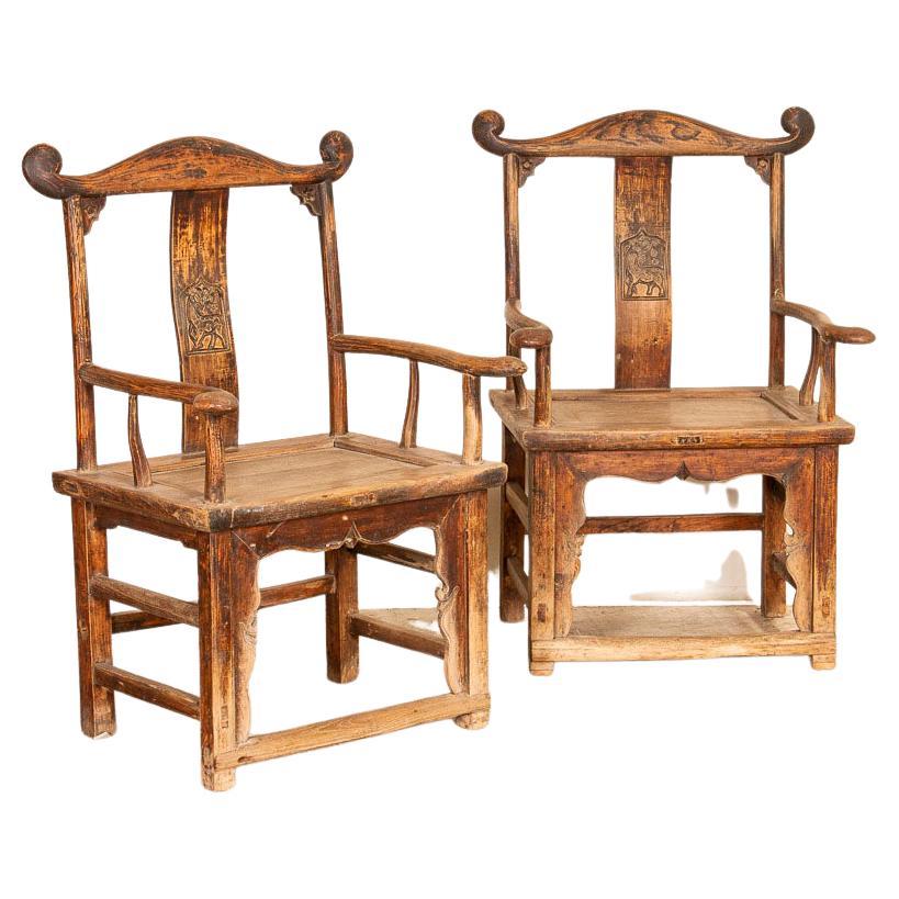 Pair, Antique Carved Elmwood Arm Chairs from China For Sale