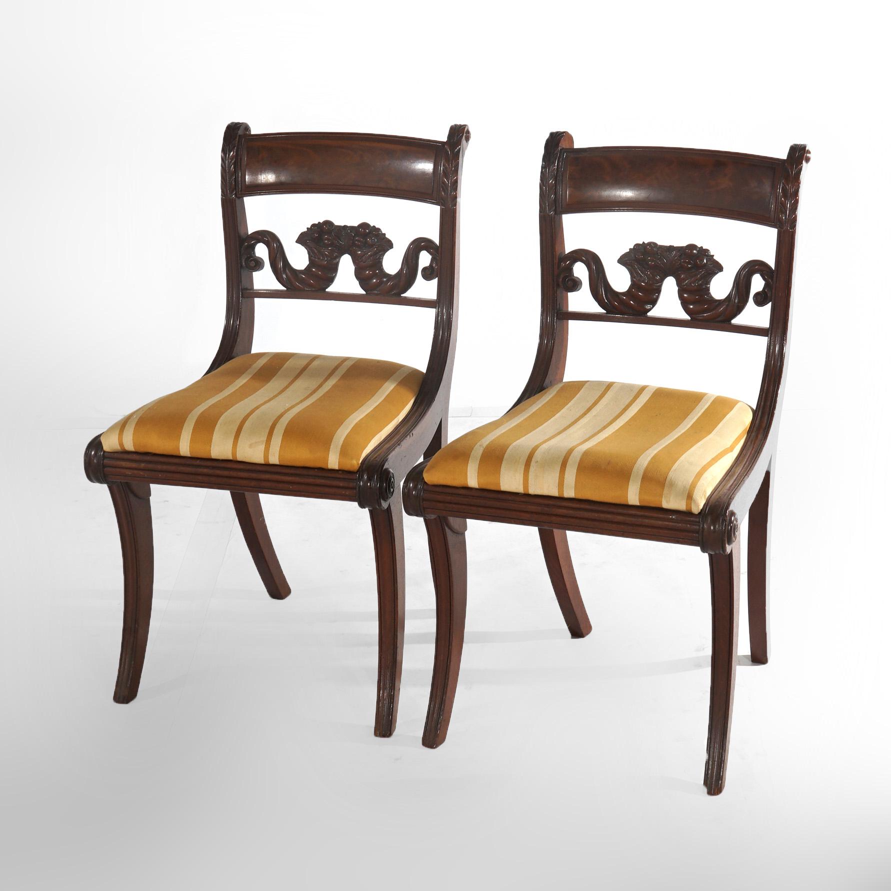 ***Inquire About Reduced In-House Delivery Rates - Reliable Professional Service & Fully Insured***

Pair Antique American Empire Carved Flame Mahogany Cornucopia & Saber Leg Side Chairs c1840

Measures - 31 1/2