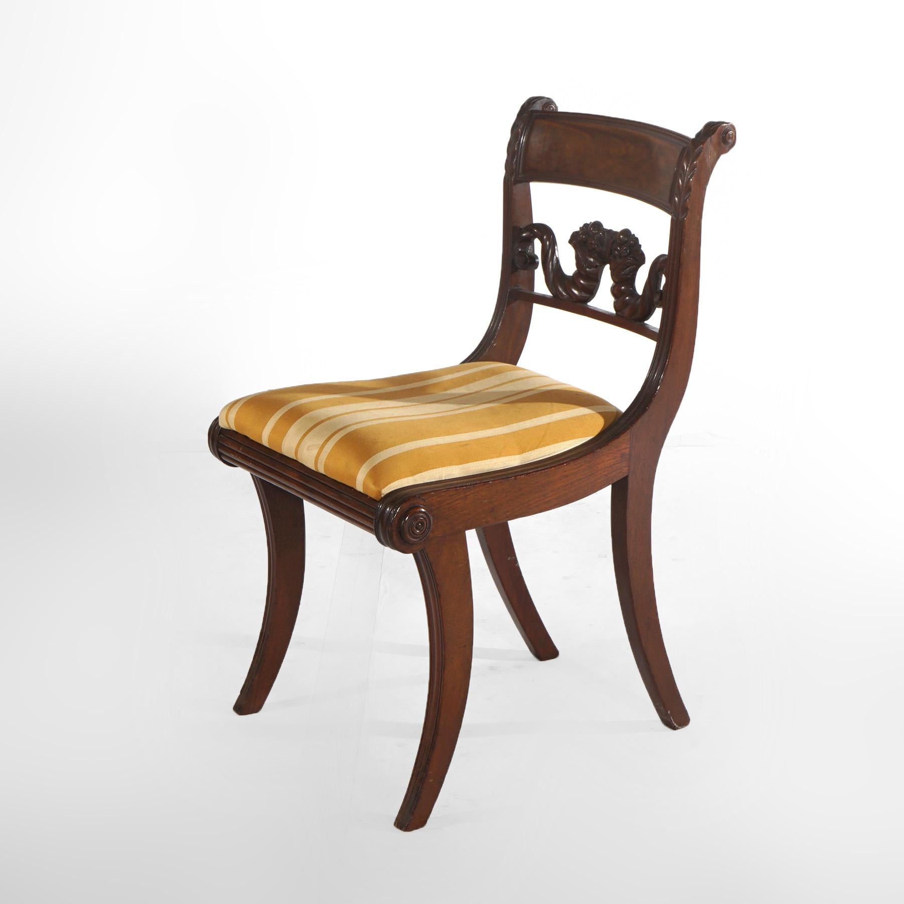American Empire Pair Antique Carved Flame Mahogany Cornucopia & Saber Leg Side Chairs c1840