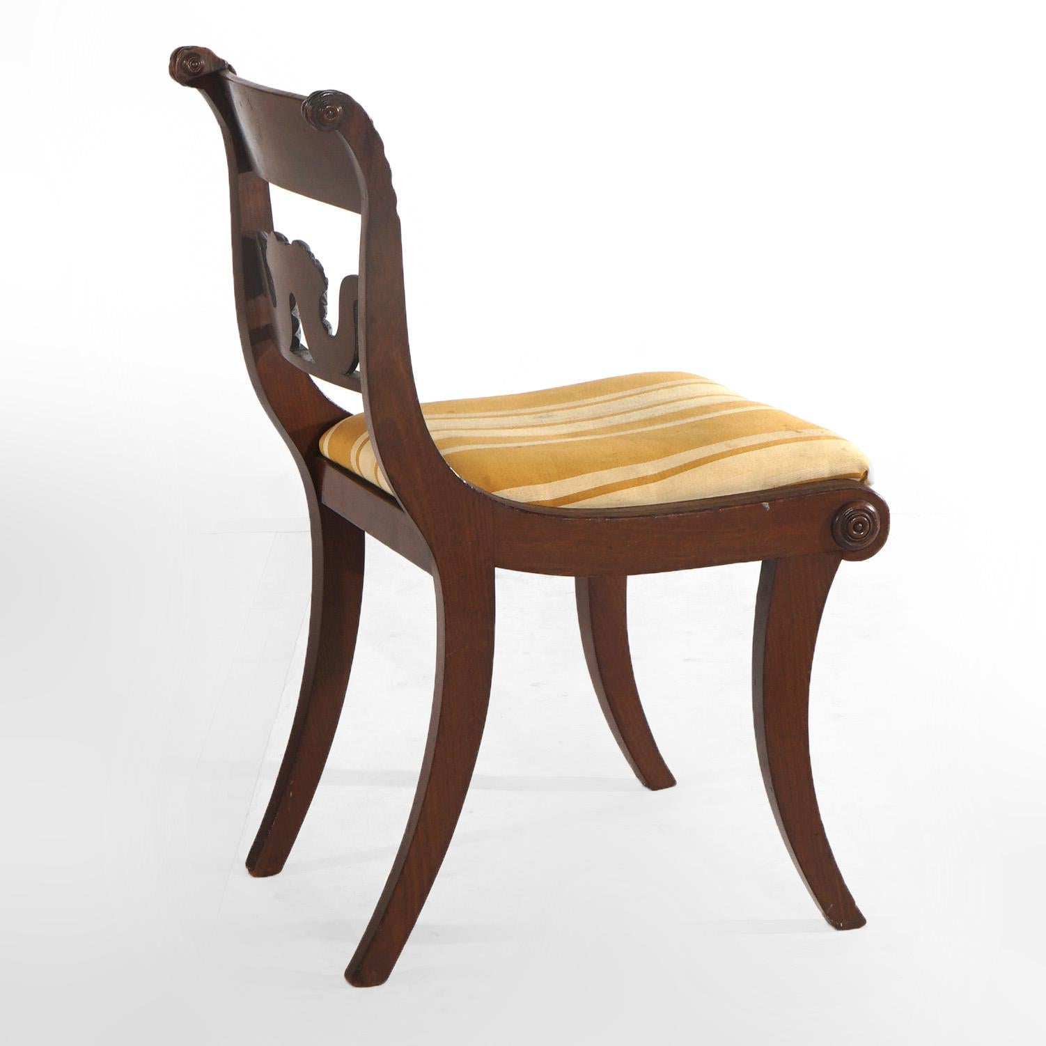 19th Century Pair Antique Carved Flame Mahogany Cornucopia & Saber Leg Side Chairs c1840