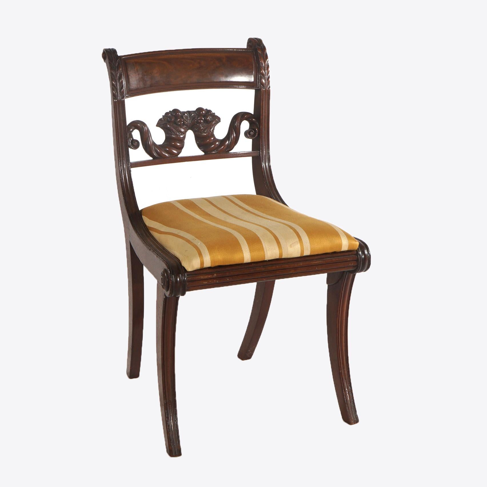 Upholstery Pair Antique Carved Flame Mahogany Cornucopia & Saber Leg Side Chairs c1840