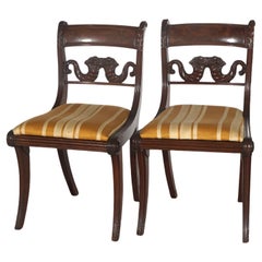 Pair Antique Carved Flame Mahogany Cornucopia & Saber Leg Side Chairs c1840