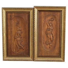 Pair Antique Carved in Relief Walnut Classical Figures of Classical Women C1920