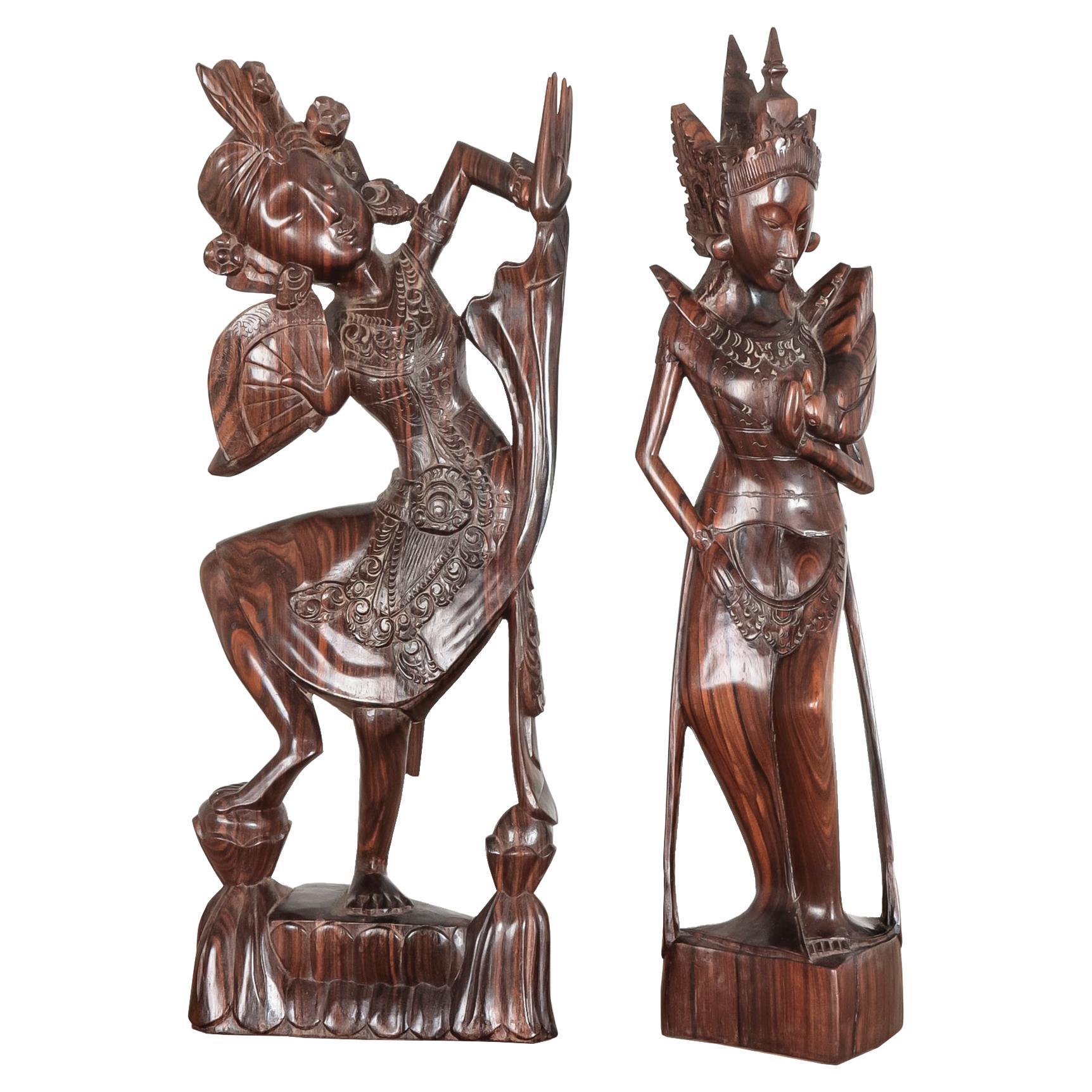 Pair Antique Carved Indian Women Buddha Statues Rosewood, 1920