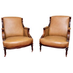 Pair Antique Carved Leather Upholstered Club Chairs