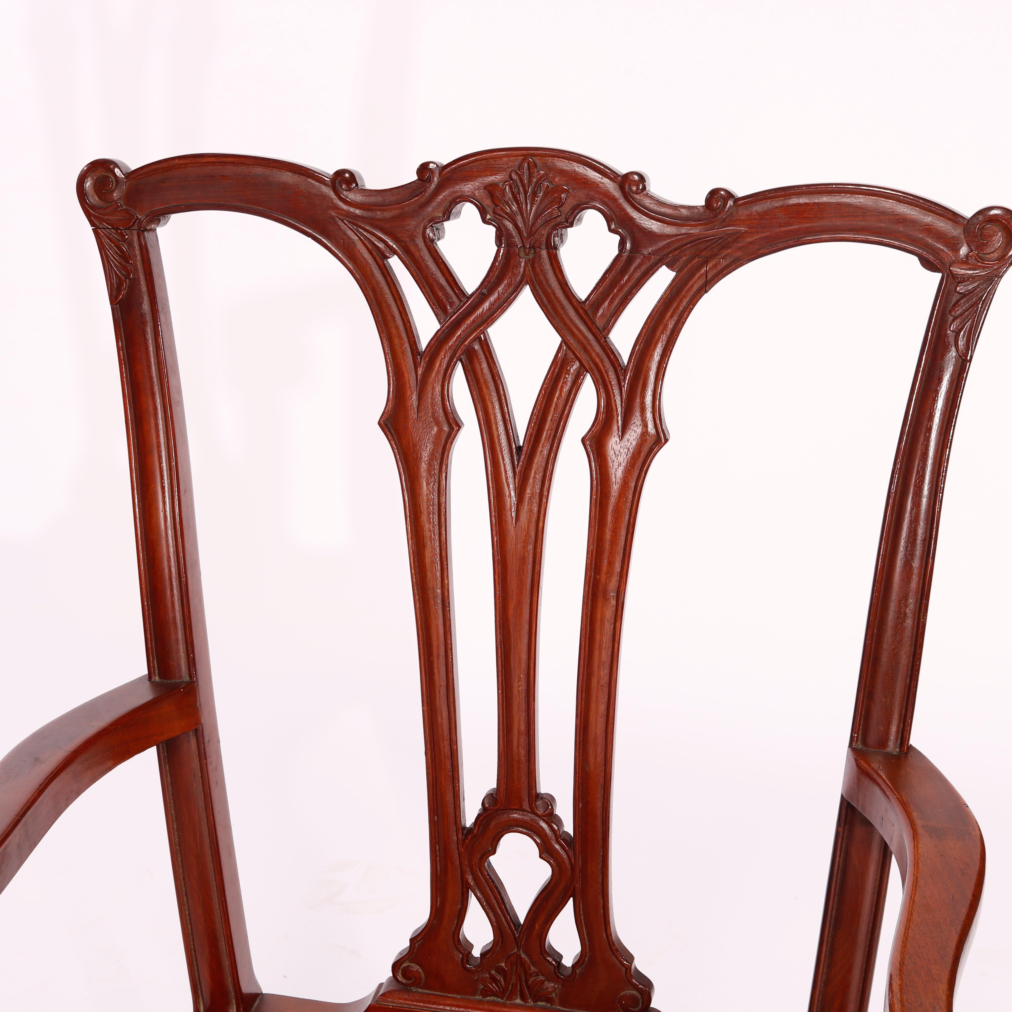 Pair Antique Carved Mahogany Chippendale Ribbon Back Arm Chairs, Circa 1930 9