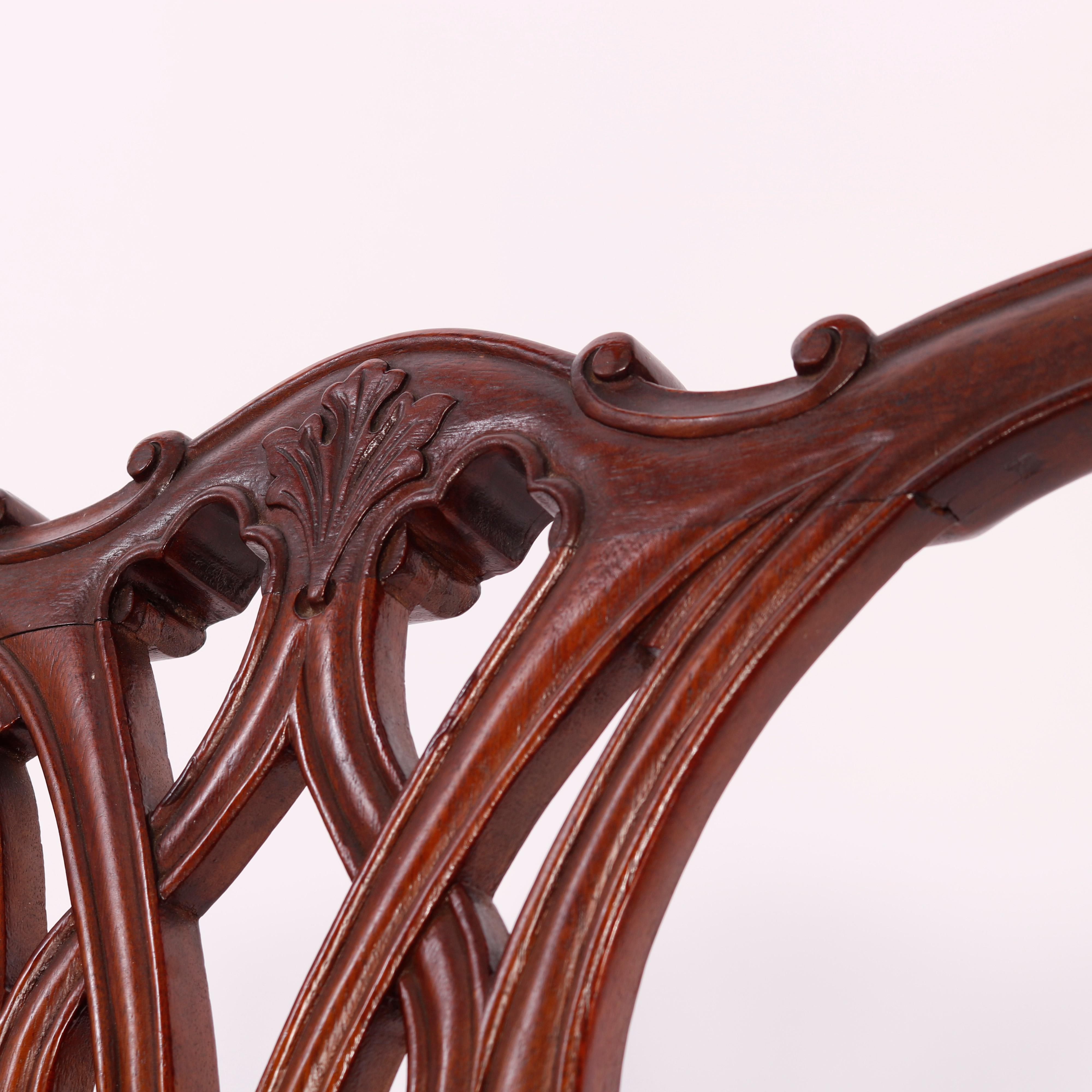 Pair Antique Carved Mahogany Chippendale Ribbon Back Arm Chairs, Circa 1930 10