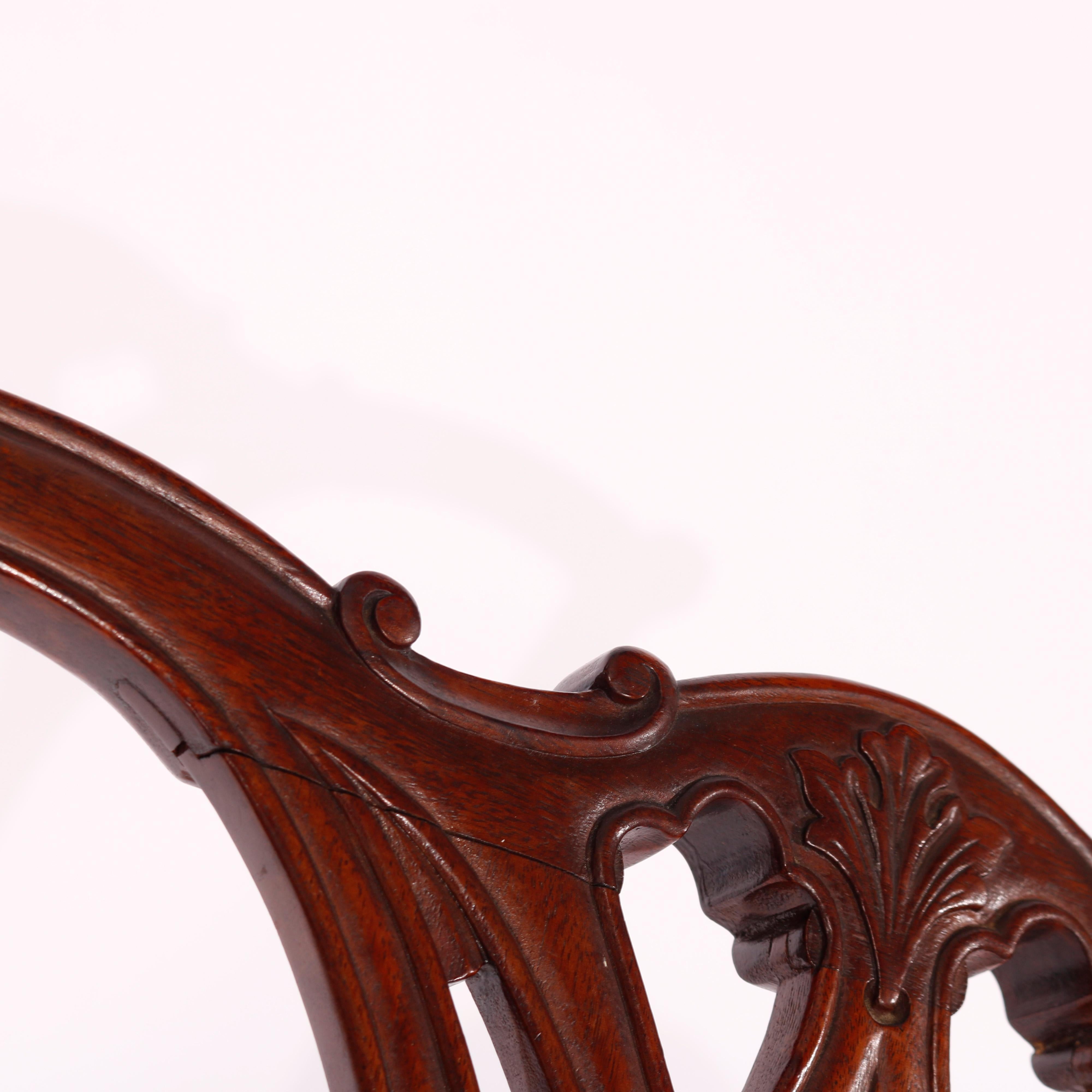 Pair Antique Carved Mahogany Chippendale Ribbon Back Arm Chairs, Circa 1930 14