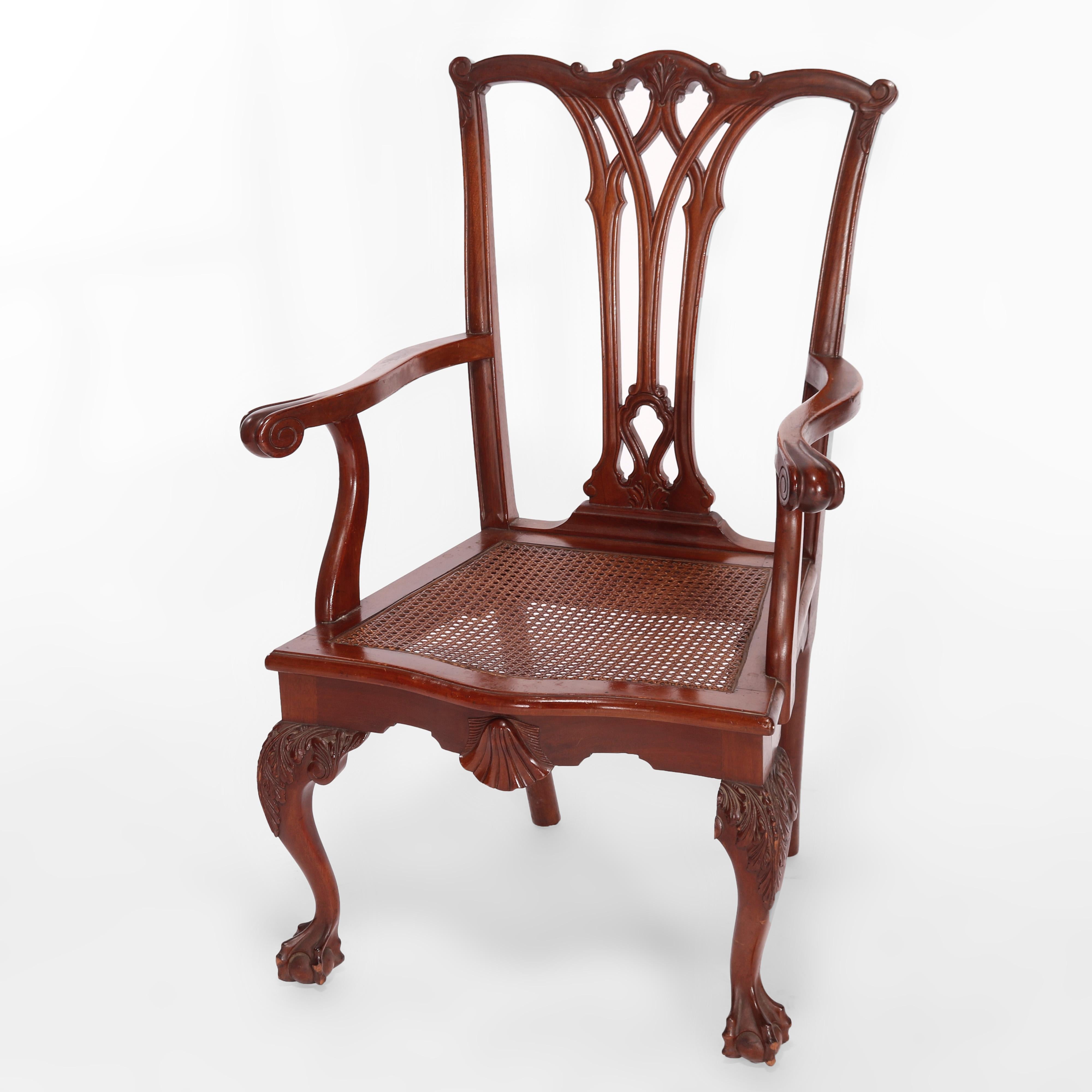 Pair Antique Carved Mahogany Chippendale Ribbon Back Arm Chairs, Circa 1930 In Good Condition In Big Flats, NY