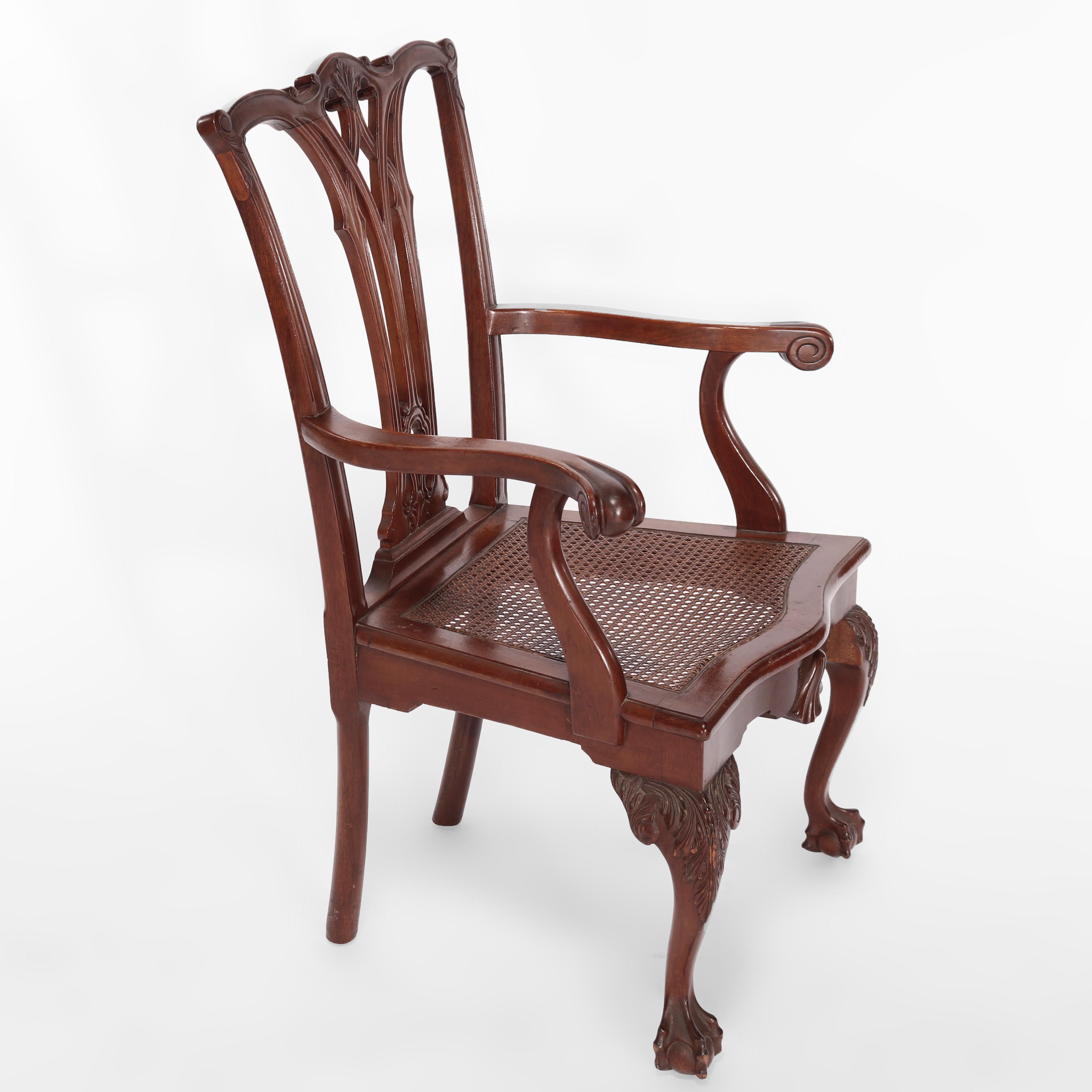 20th Century Pair Antique Carved Mahogany Chippendale Ribbon Back Arm Chairs, Circa 1930