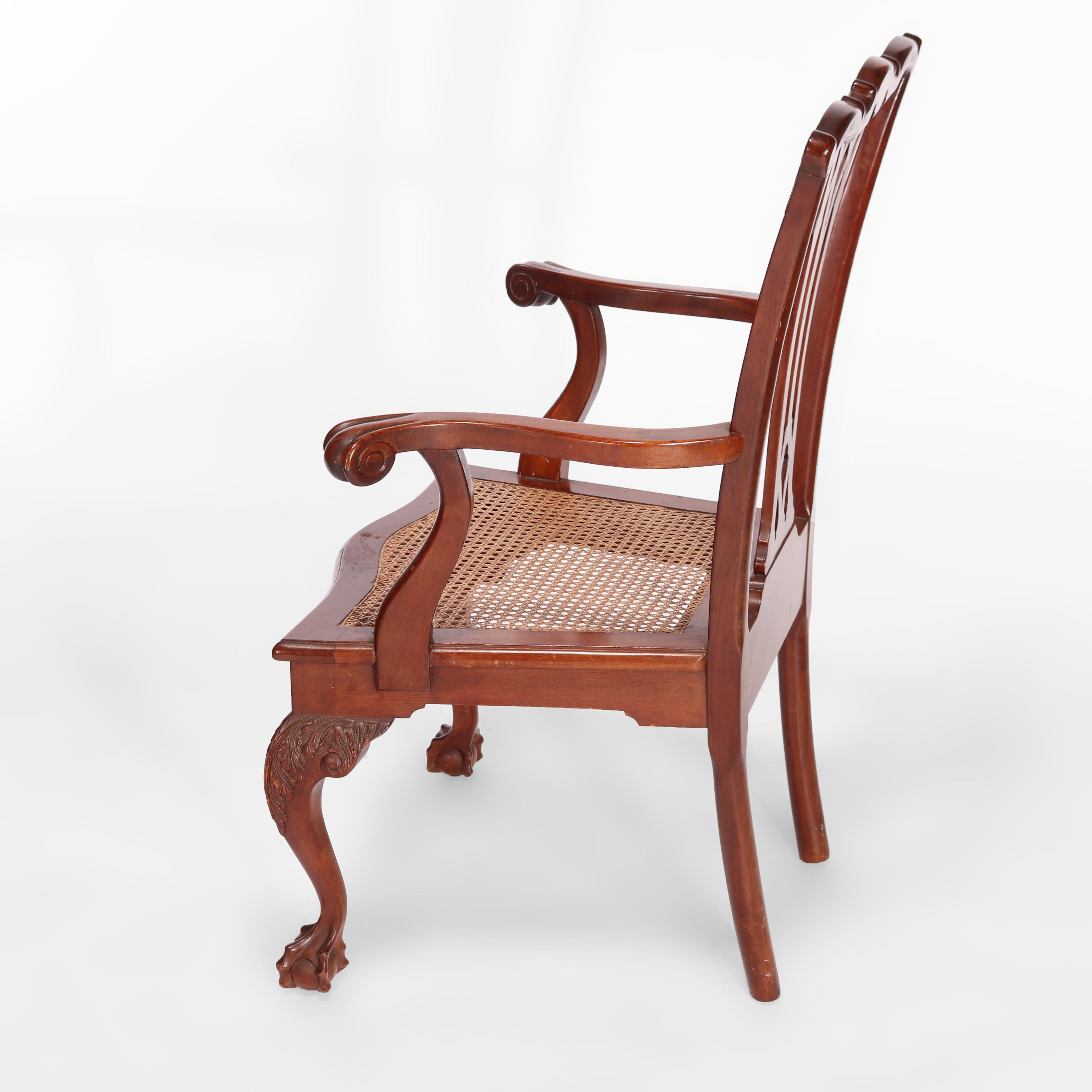 Pair Antique Carved Mahogany Chippendale Ribbon Back Arm Chairs, Circa 1930 1