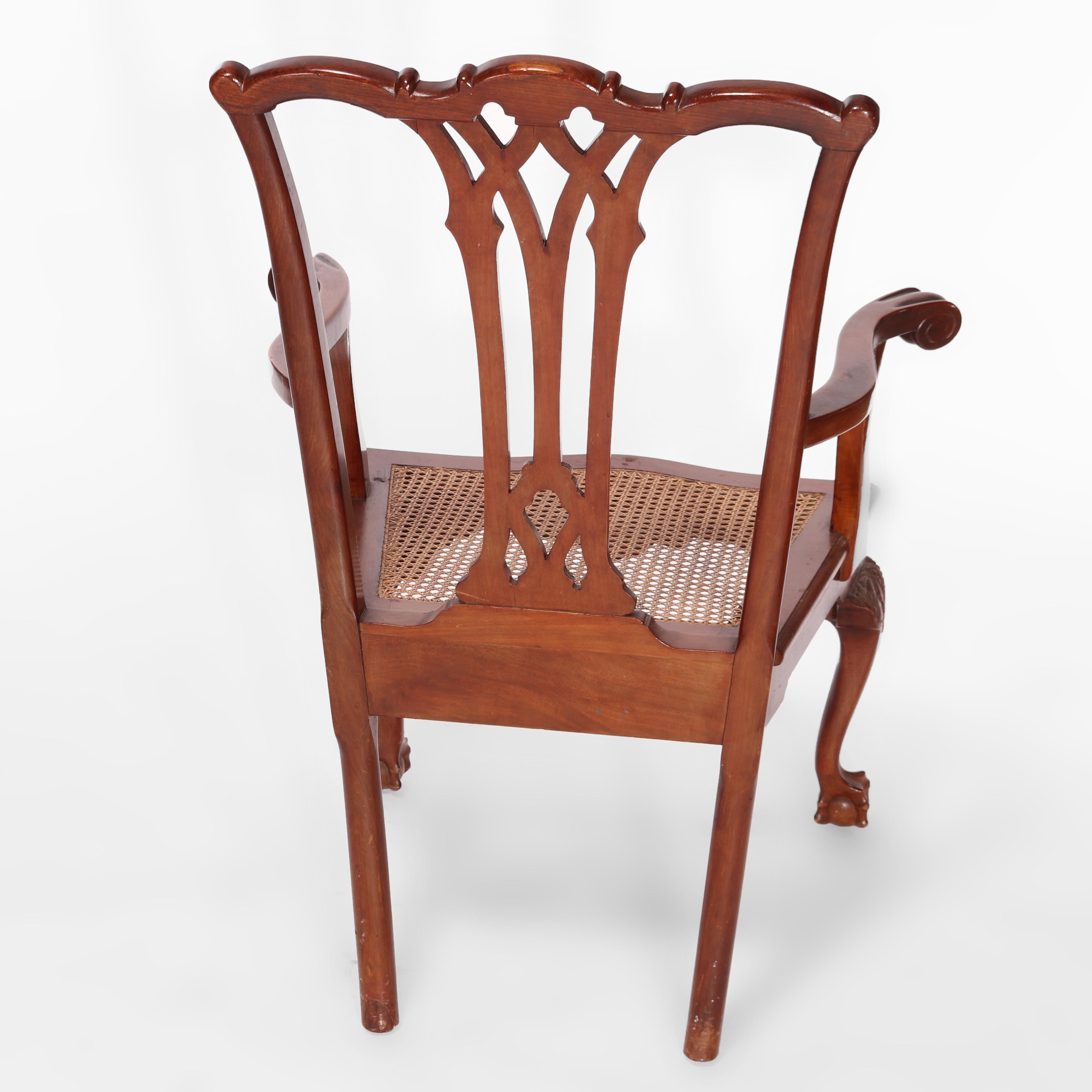 Pair Antique Carved Mahogany Chippendale Ribbon Back Arm Chairs, Circa 1930 2