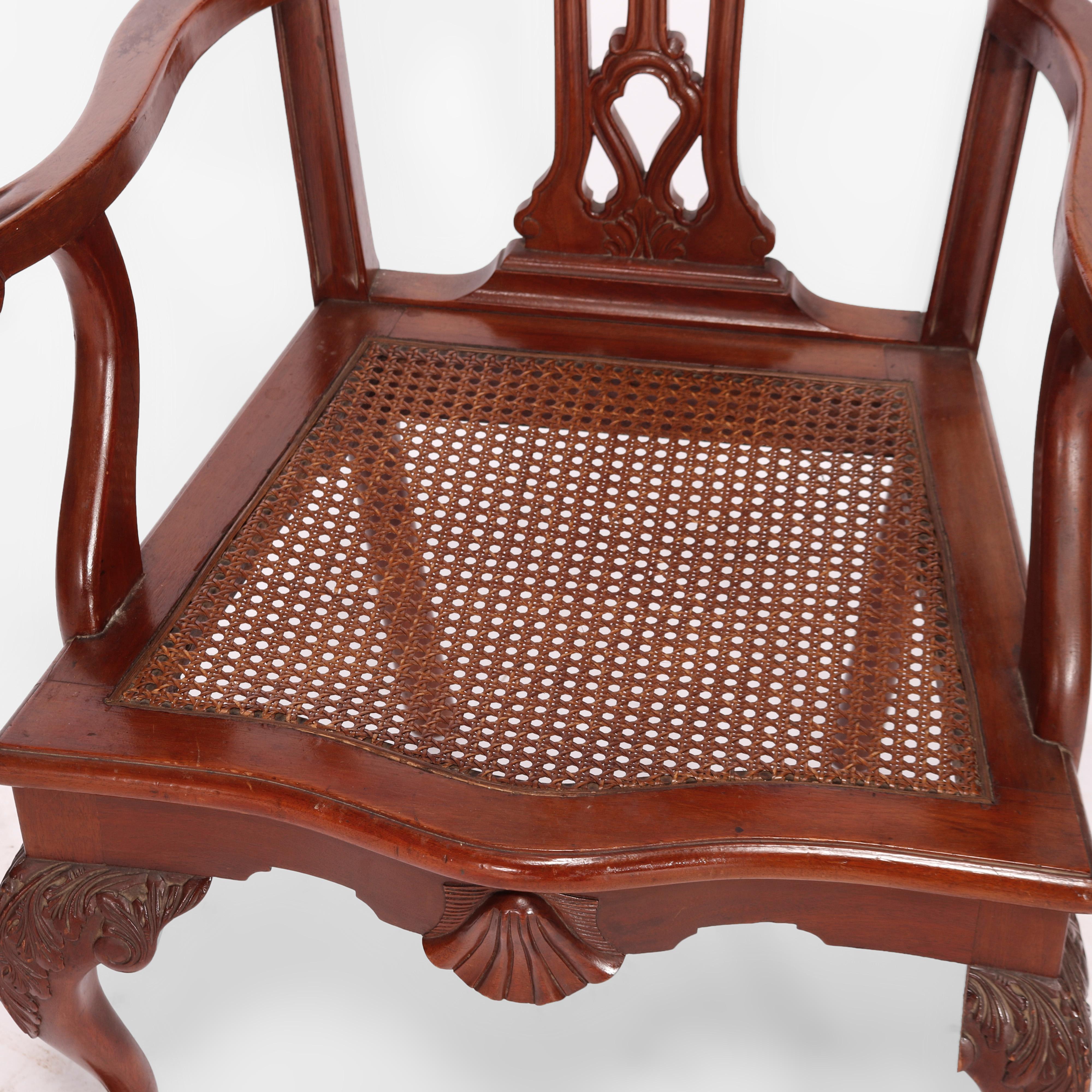 Pair Antique Carved Mahogany Chippendale Ribbon Back Arm Chairs, Circa 1930 5