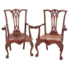 Pair Antique Carved Mahogany Chippendale Ribbon Back Arm Chairs, Circa 1930
