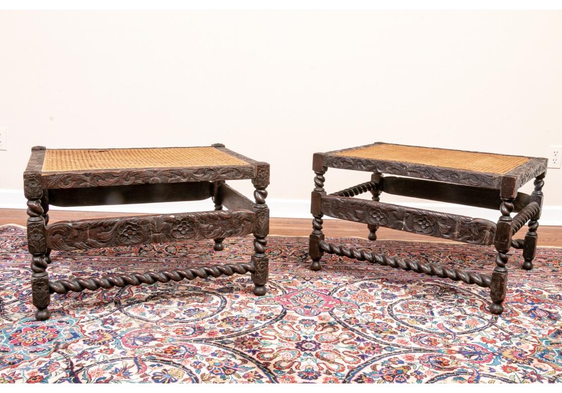 Pair Antique Carved Oak Caned Benches For Sale 5