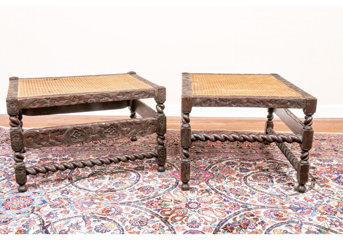 Pair Antique Carved Oak Caned Benches For Sale 6
