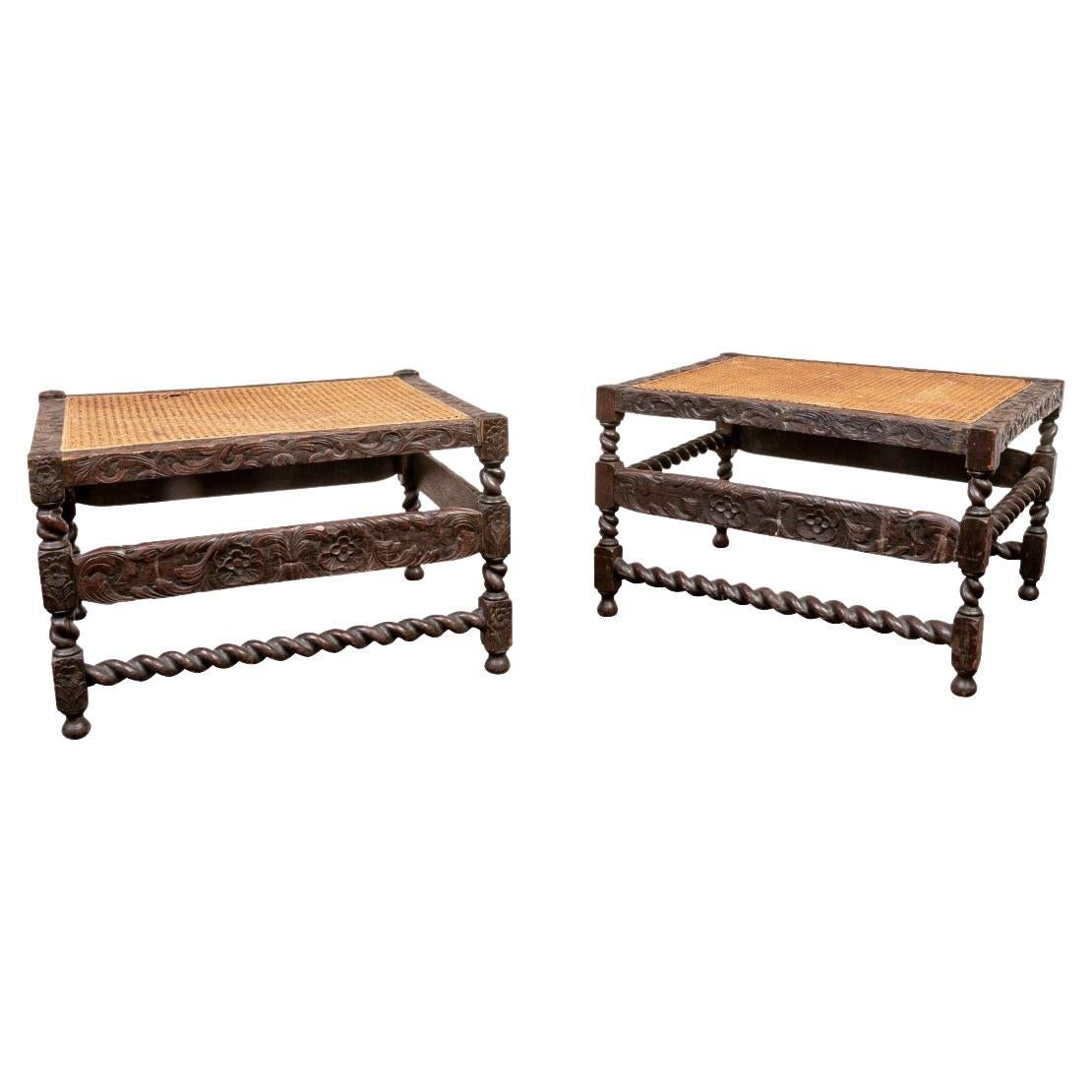 Pair Antique Carved Oak Caned Benches For Sale