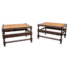 Pair Antique Carved Oak Caned Benches