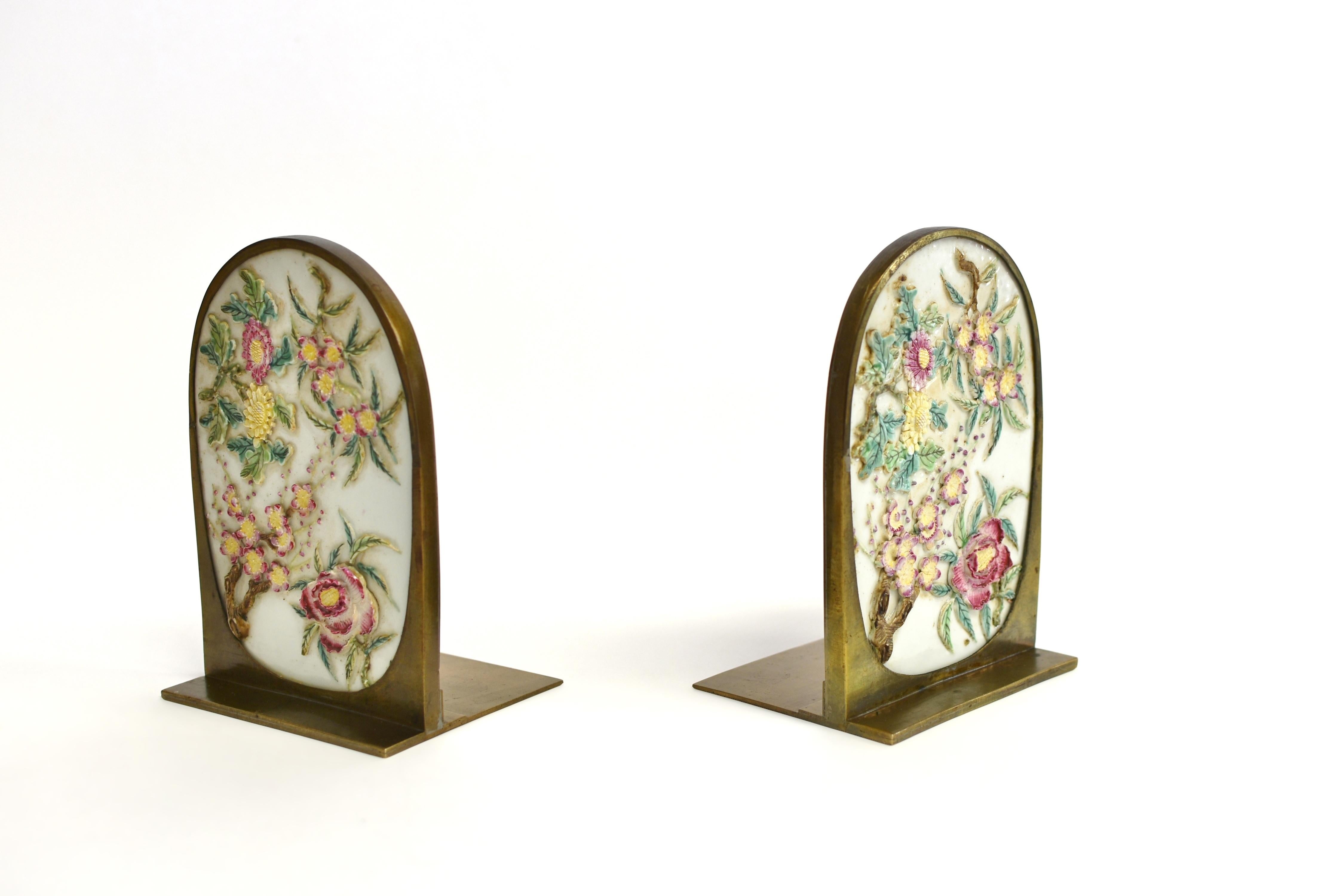 Pair Antique Carved Porcelain Bass Bookends Four Seasons For Sale 4