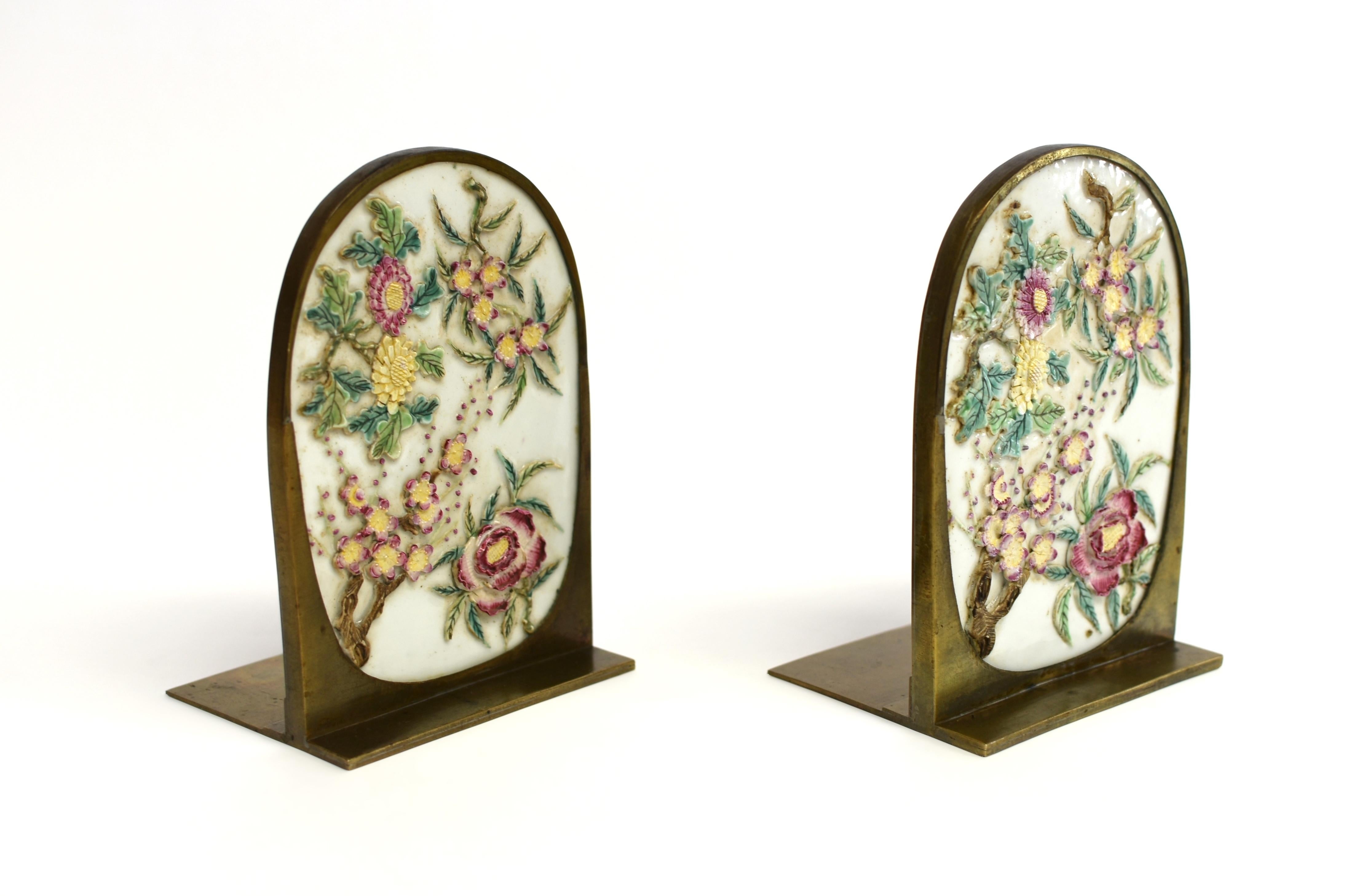 Pair Antique Carved Porcelain Bass Bookends Four Seasons For Sale 5