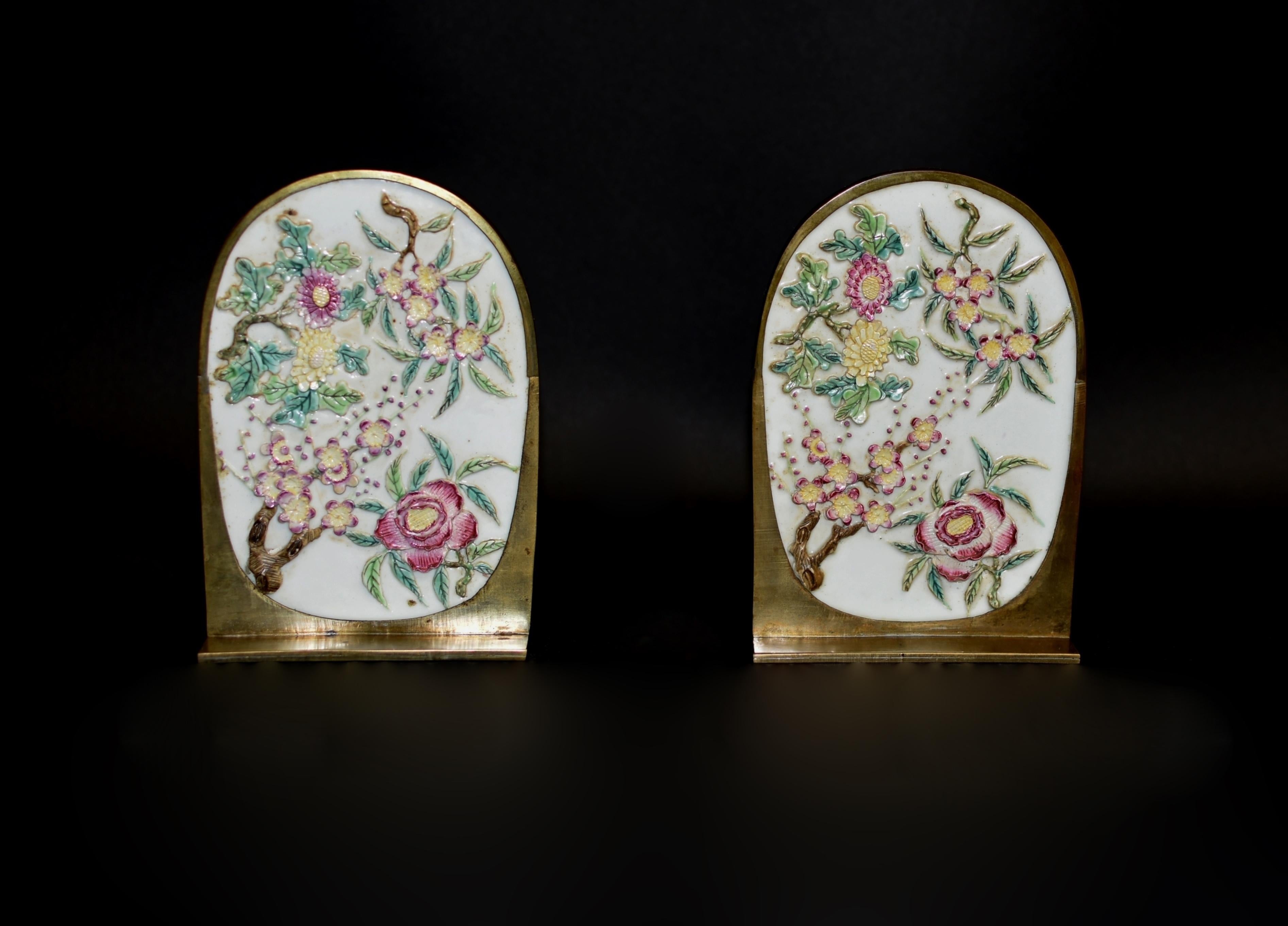Pair Antique Carved Porcelain Bass Bookends Four Seasons For Sale 6