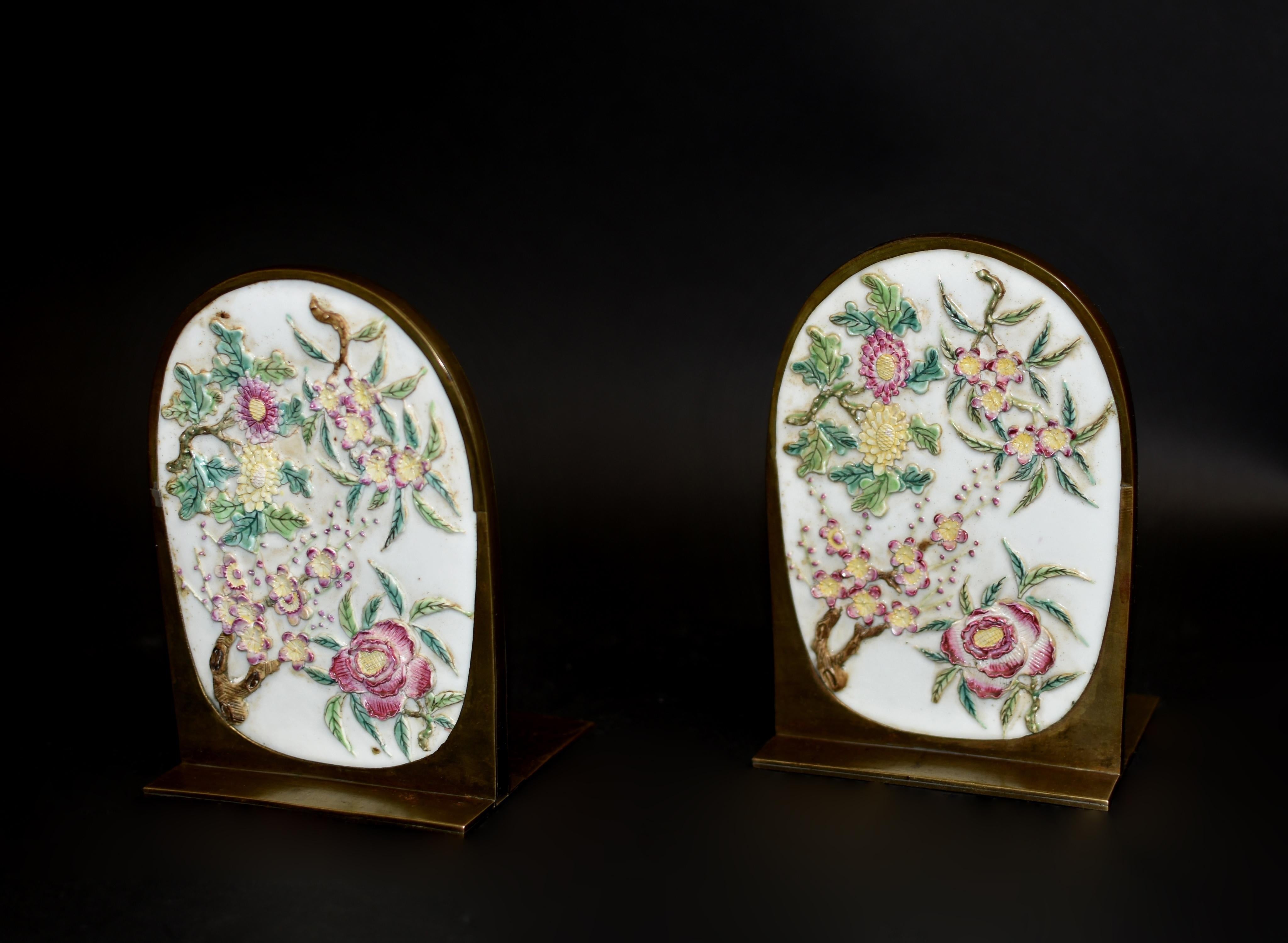 Pair Antique Carved Porcelain Bass Bookends Four Seasons For Sale 7