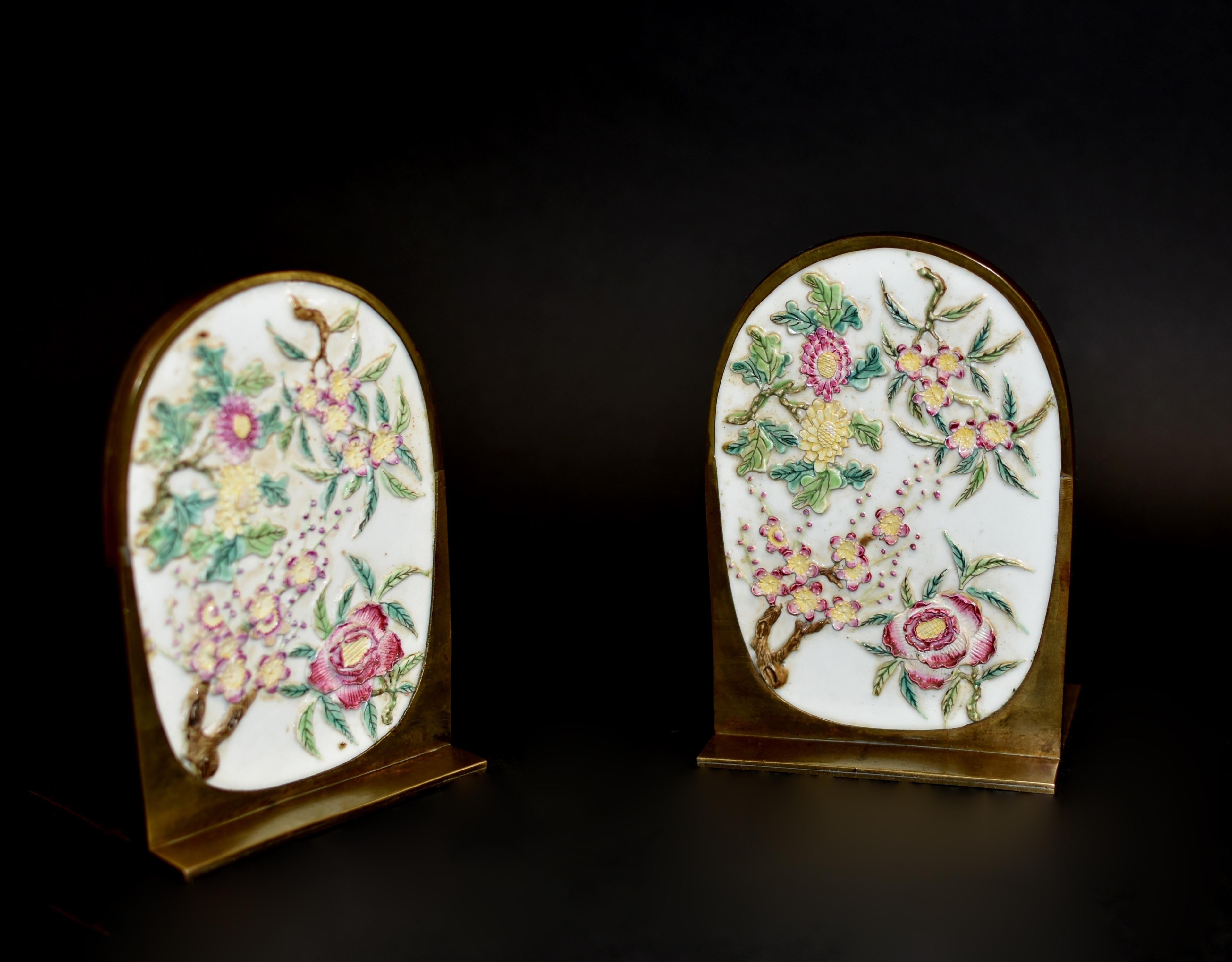 Pair Antique Carved Porcelain Bass Bookends Four Seasons For Sale 8
