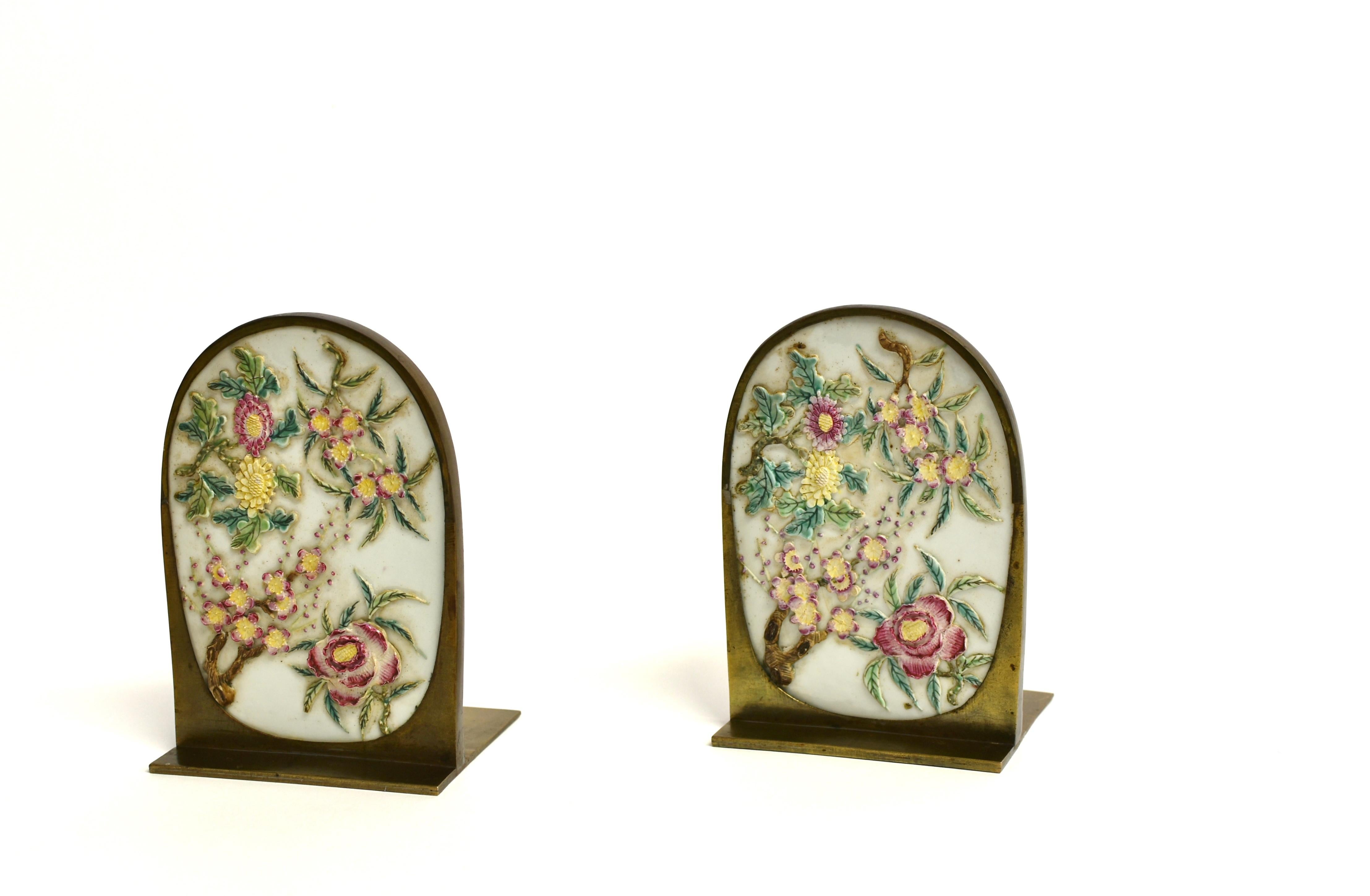 Chinese Pair Antique Carved Porcelain Bass Bookends Four Seasons For Sale