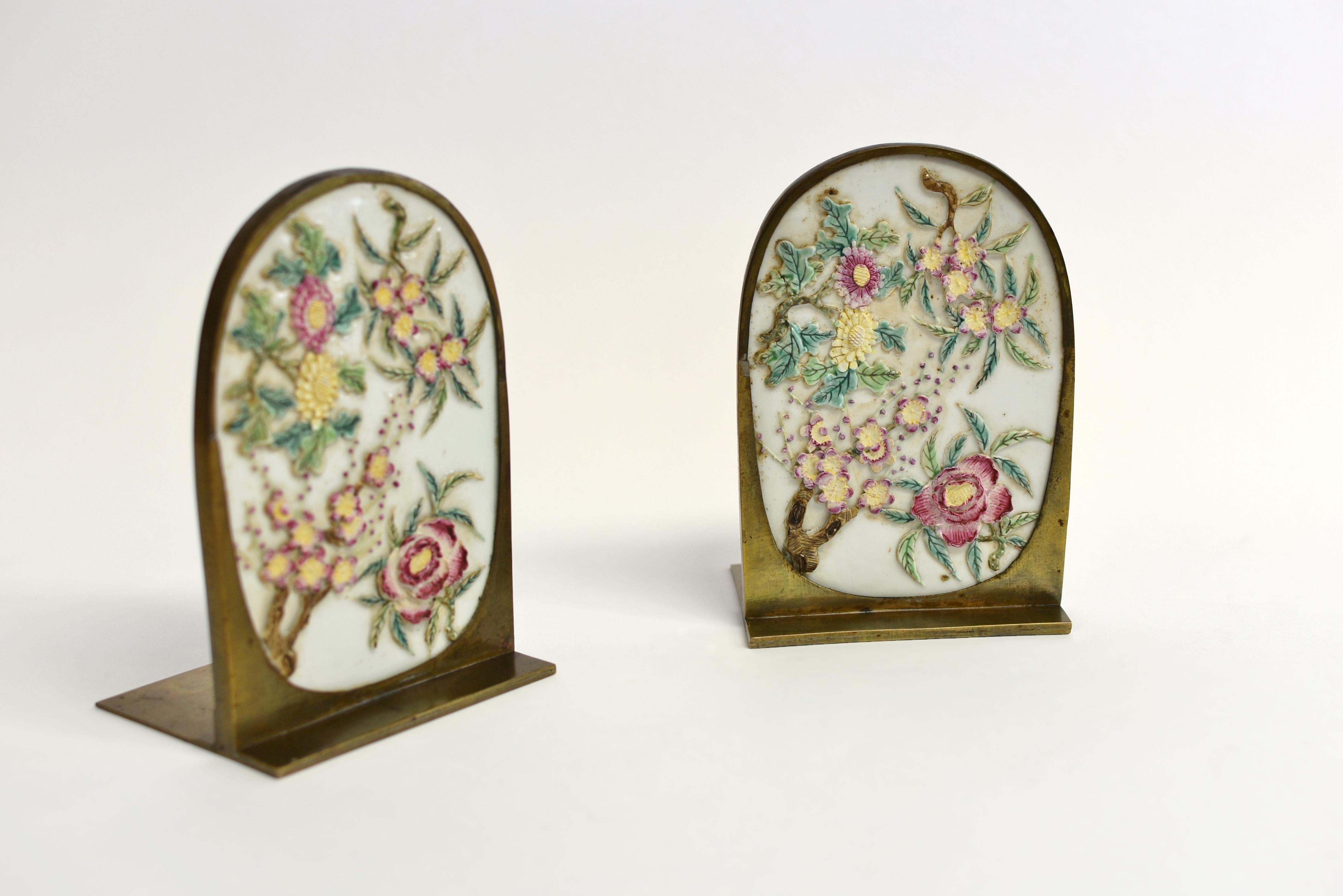 Pair Antique Carved Porcelain Bass Bookends Four Seasons For Sale 2