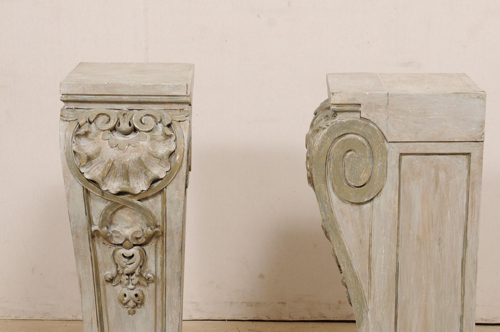 Pair Antique Carved-Wood Pedestals in Shell, Foliage, & Volute Motif For Sale 4