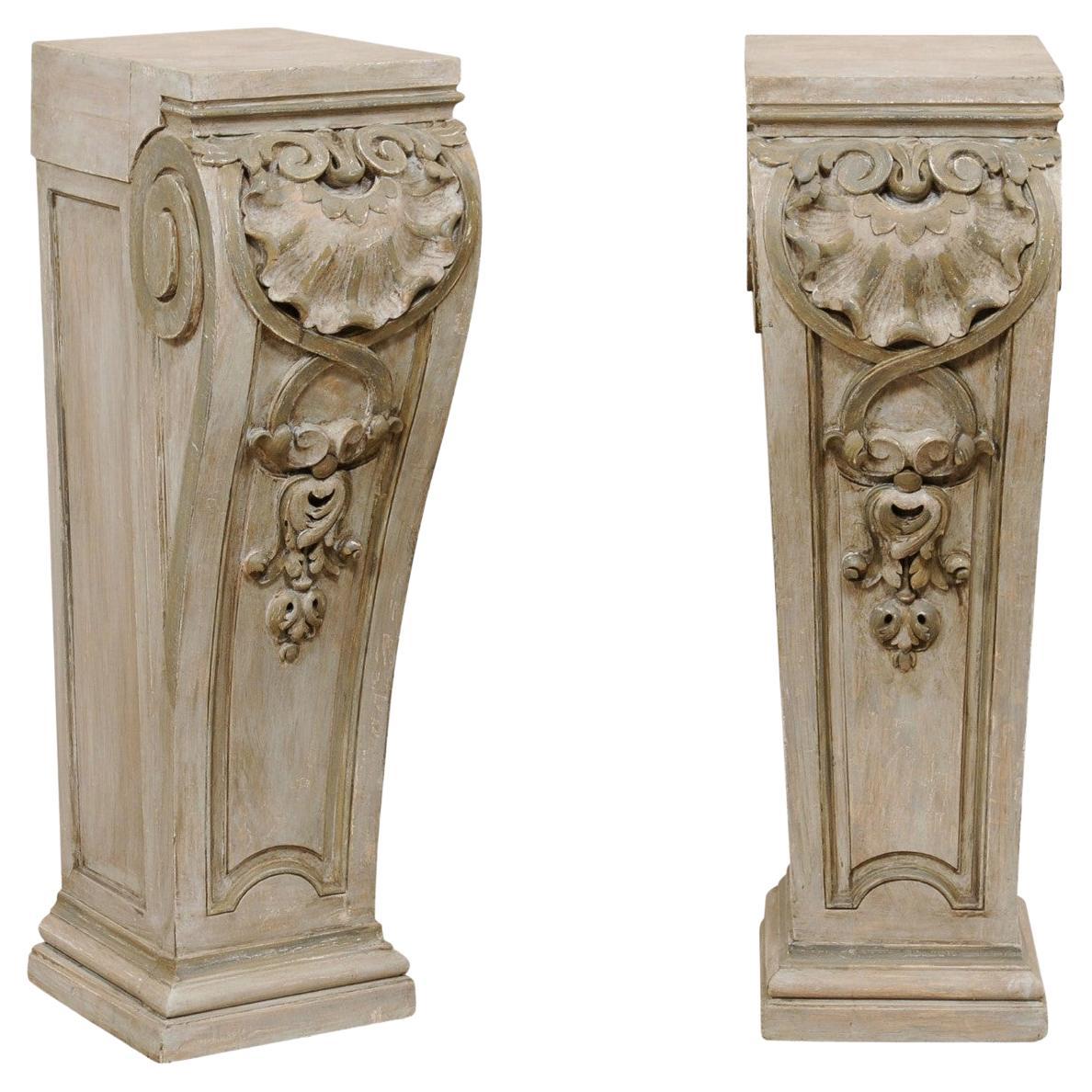 Pair Antique Carved-Wood Pedestals in Shell, Foliage, & Volute Motif For Sale