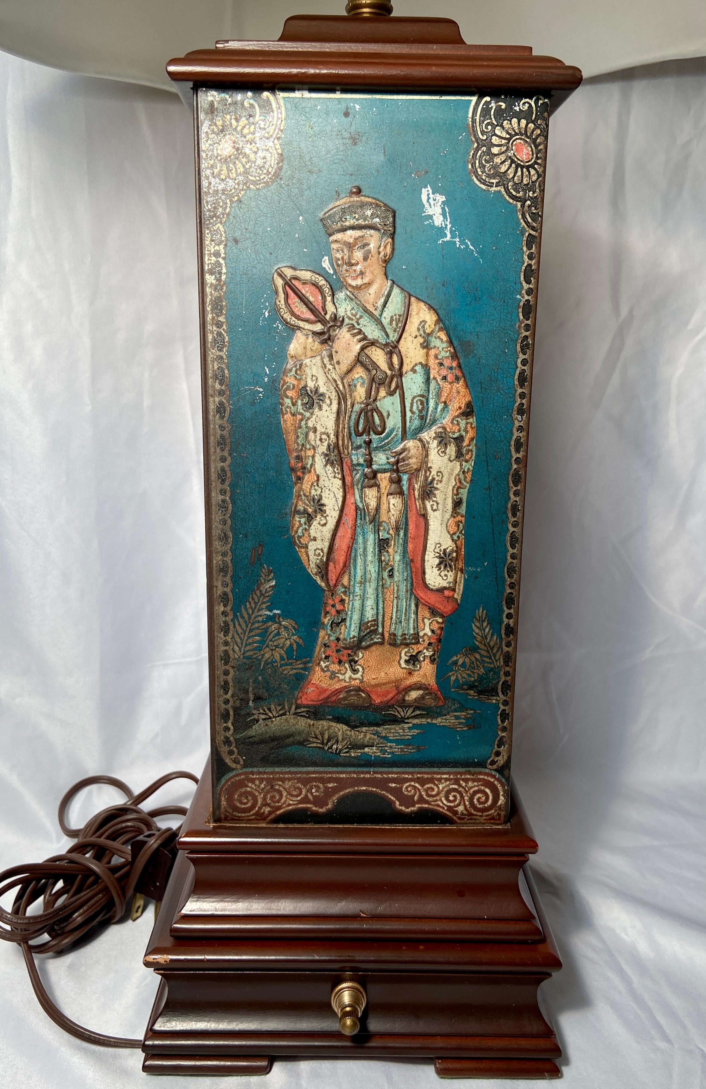 Pair Antique Carved Wood & Tole Lamps with Hand-Painted Chinese Scenes, Ca. 1900 In Good Condition For Sale In New Orleans, LA