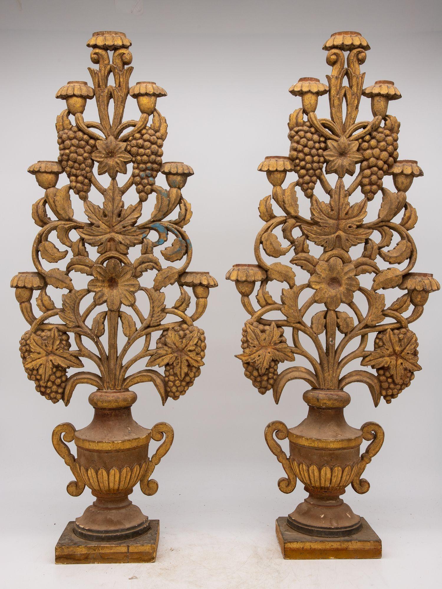 19th Century Pair Antique Carved Wood Urns with Flowers Mantle Ornaments, 19th C For Sale