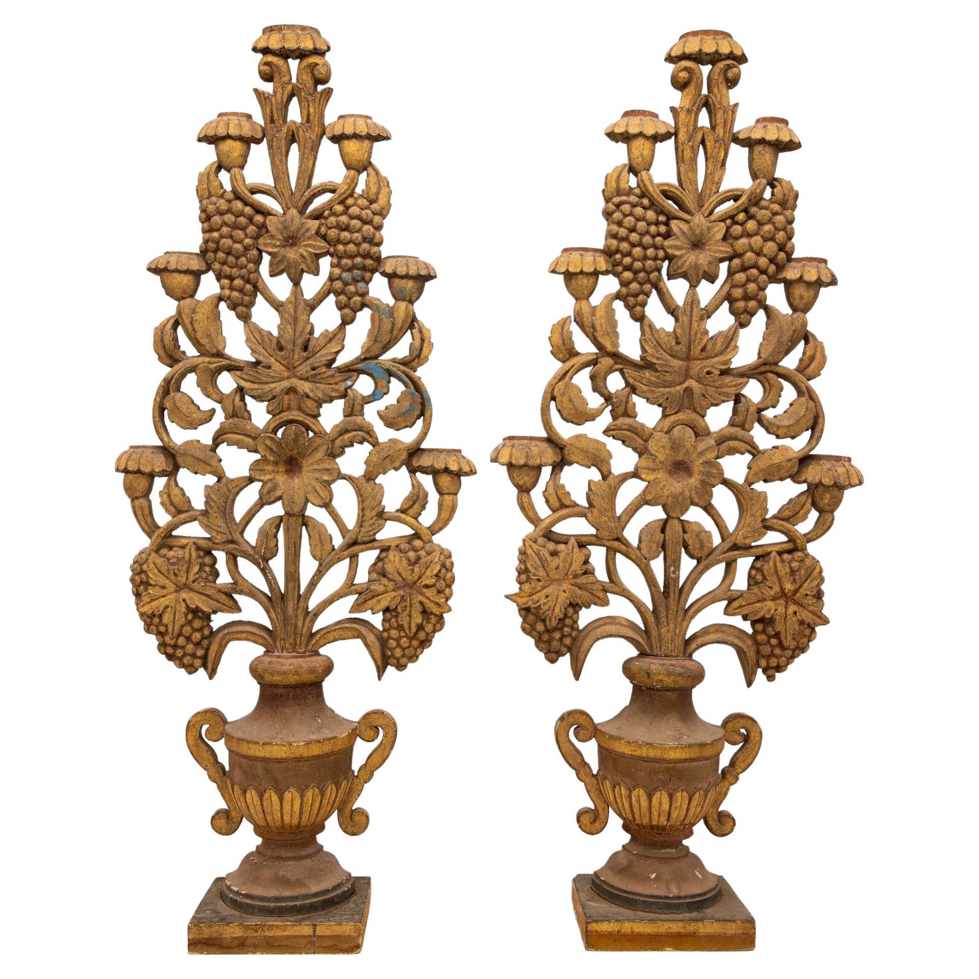 Pair Antique Carved Wood Urns with Flowers Mantle Ornaments, 19th C For Sale