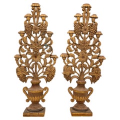 Pair Antique Carved Wood Urns with Flowers Mantle Ornaments, 19th C